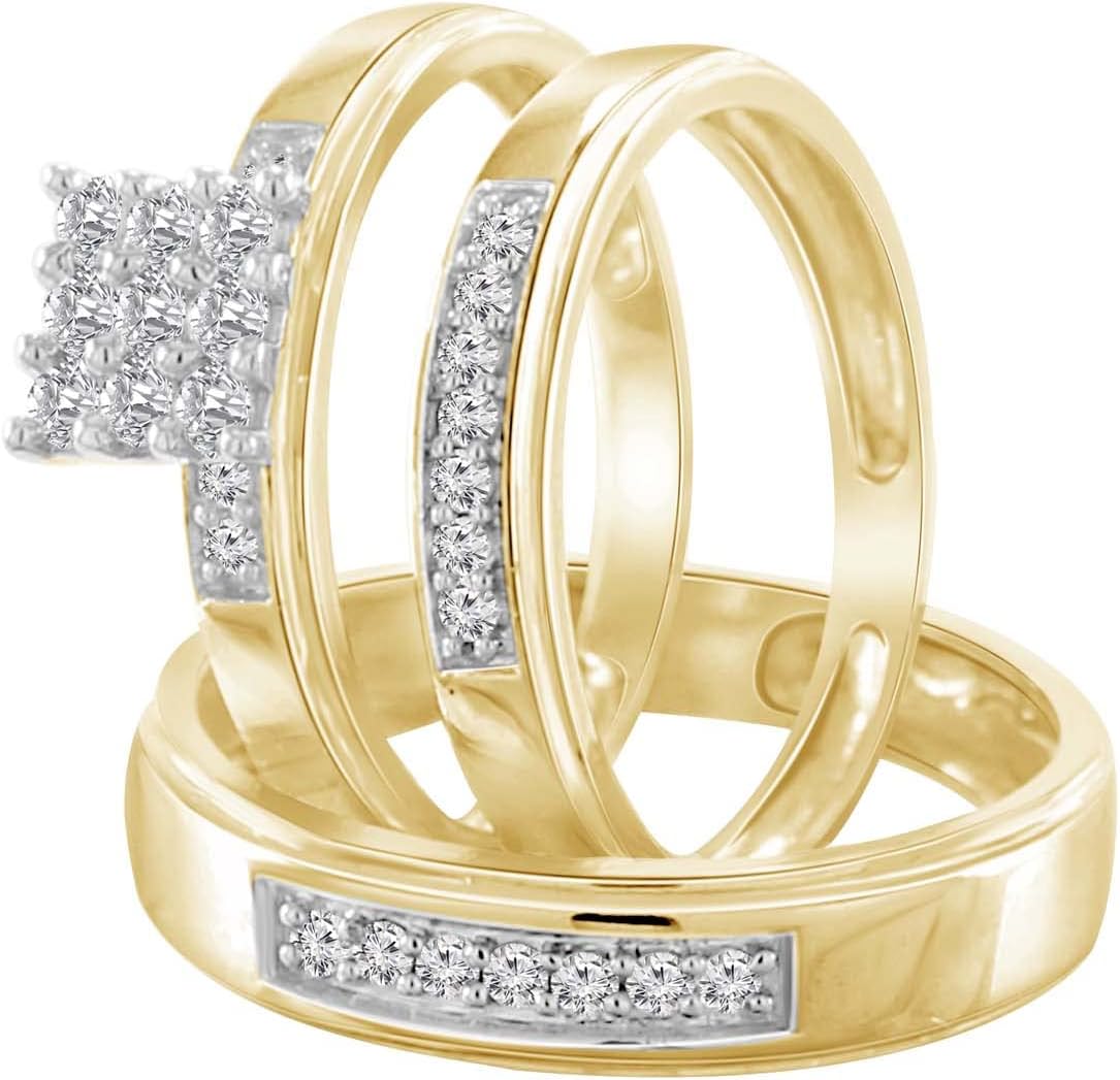 Pretty Jewels 0.40 Carat (ctw) Round Cut White Diamond Square Frame Men's &amp; Women's Trio Wedding Ring Sets For Him And Her In 10k Gold (H-I Color I1-I2 Clarity)