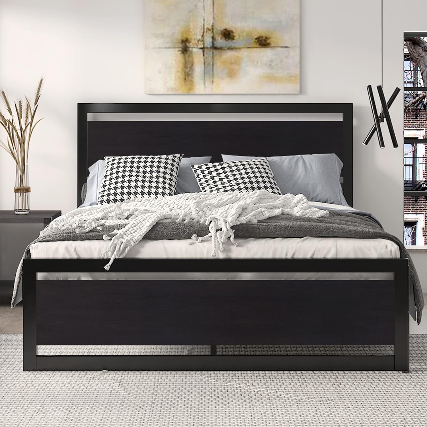 SHA CERLIN Queen Size Bed Frame with Modern Wooden Headboard/Heavy Duty Platform Metal Bed Frame with Square Frame Footboard &amp; 13 Strong Metal Slats Support/No Box Spring