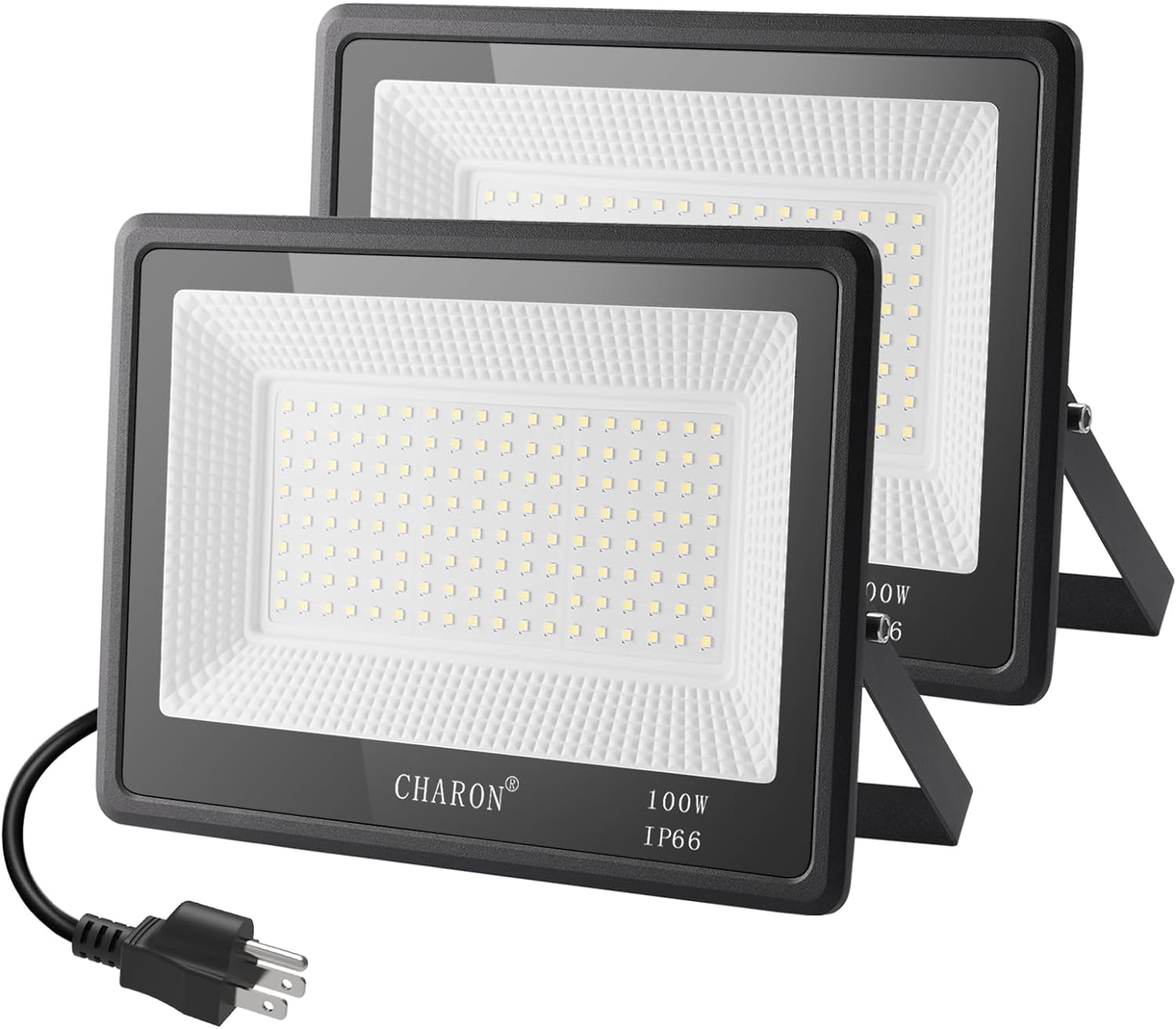 CHARON LED Flood Lights Outdoor, 100W Plug in Outside Work Light, 10000LM LED+Drive, 5000K Daylight, 85-265V, IP66 Waterproof Exterior Security Floodlights for Yard, Parking Lot, Playground (2 Pack)