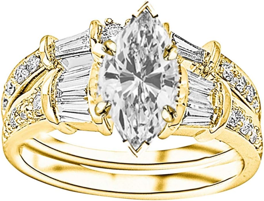 1.75 Ctw Marquise Cut Baguette Round 14K White Gold Diamond Engagement Ring Wedding Bridal Band Set (J-K Color I1-I2 Clarity 1 Ct Center)