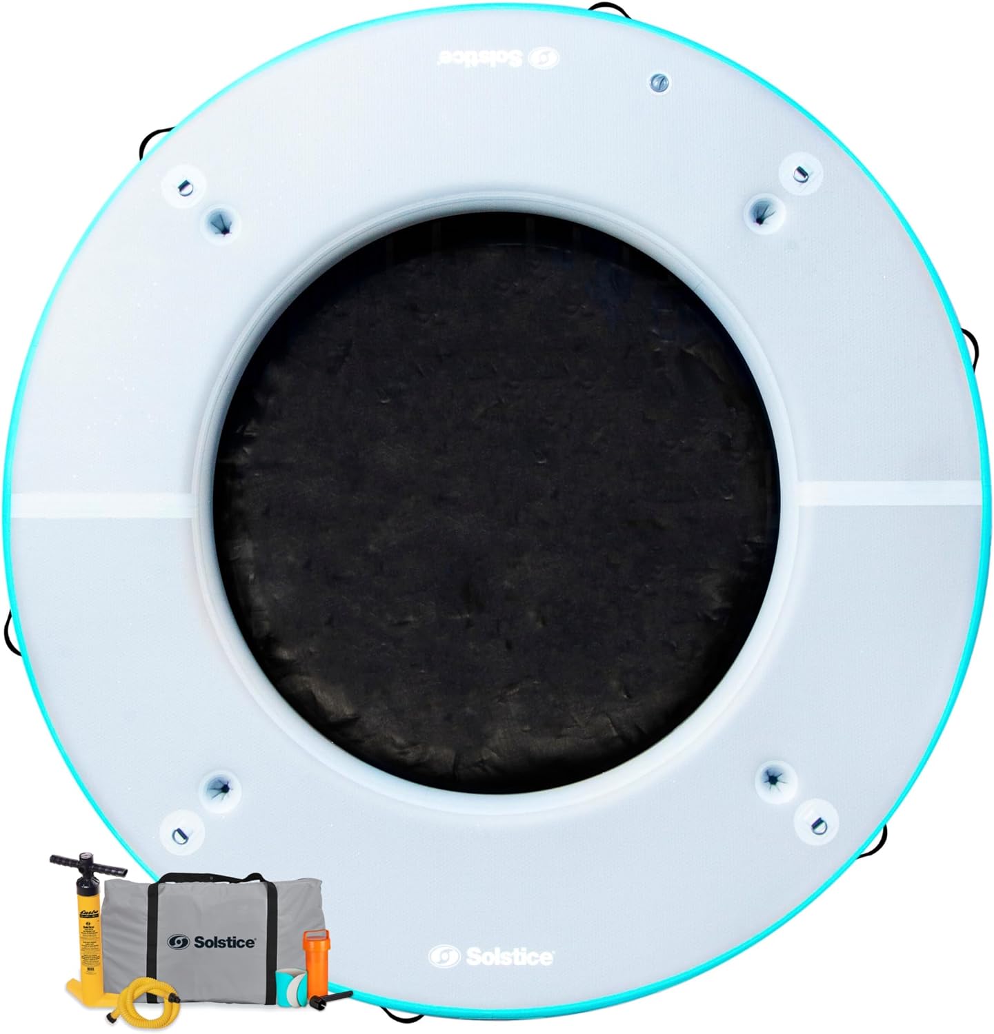 Solstice 10 Foot Inflatable 7 to 10 Person Circular Mesh Dock Floating Island Platform w/Removeable Center, Cup Holders, Handles, Carry Bag, and Pump