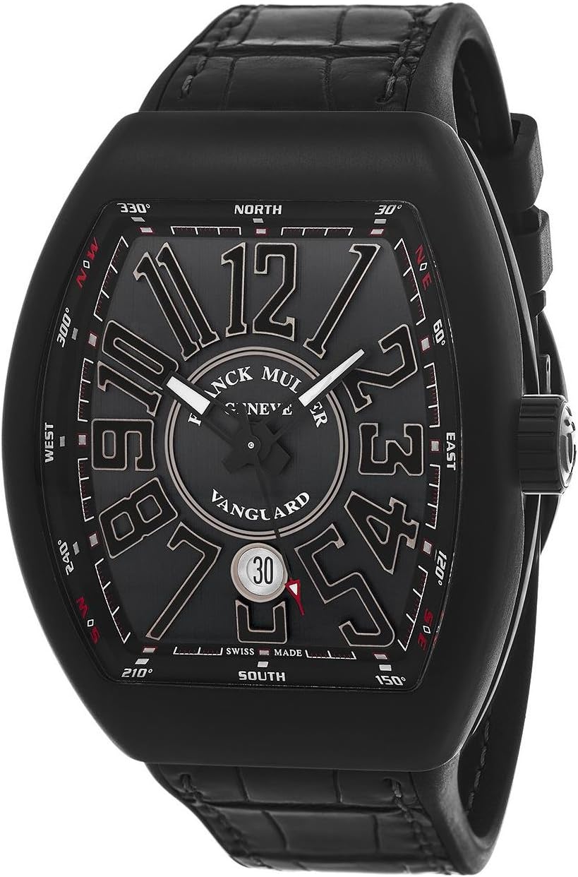 Franck Muller Vanguard Mens Titanium Automatic Watch - Tonneau Black Face with Luminous Hands, Date and Sapphire Crystal - Black Rubber Band Swiss Made All Black Watch for Men V 45 SC DT TT NR BR TT