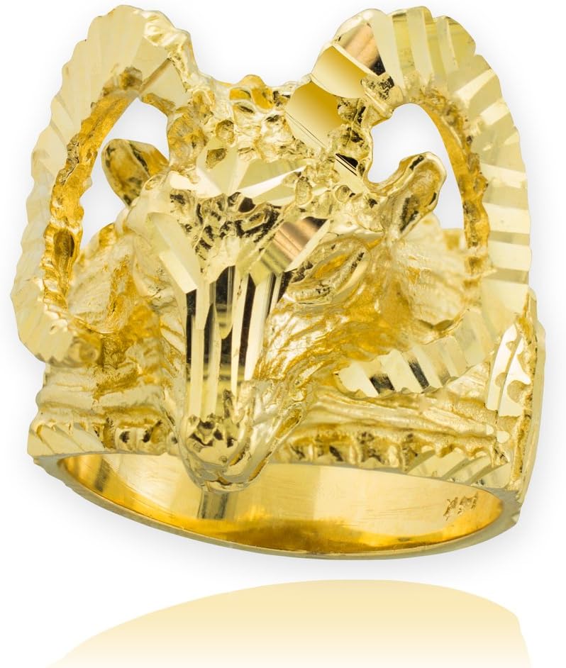 Men's Polished 10k Yellow Gold Aries Zodiac Sign Band Ram Head Ring