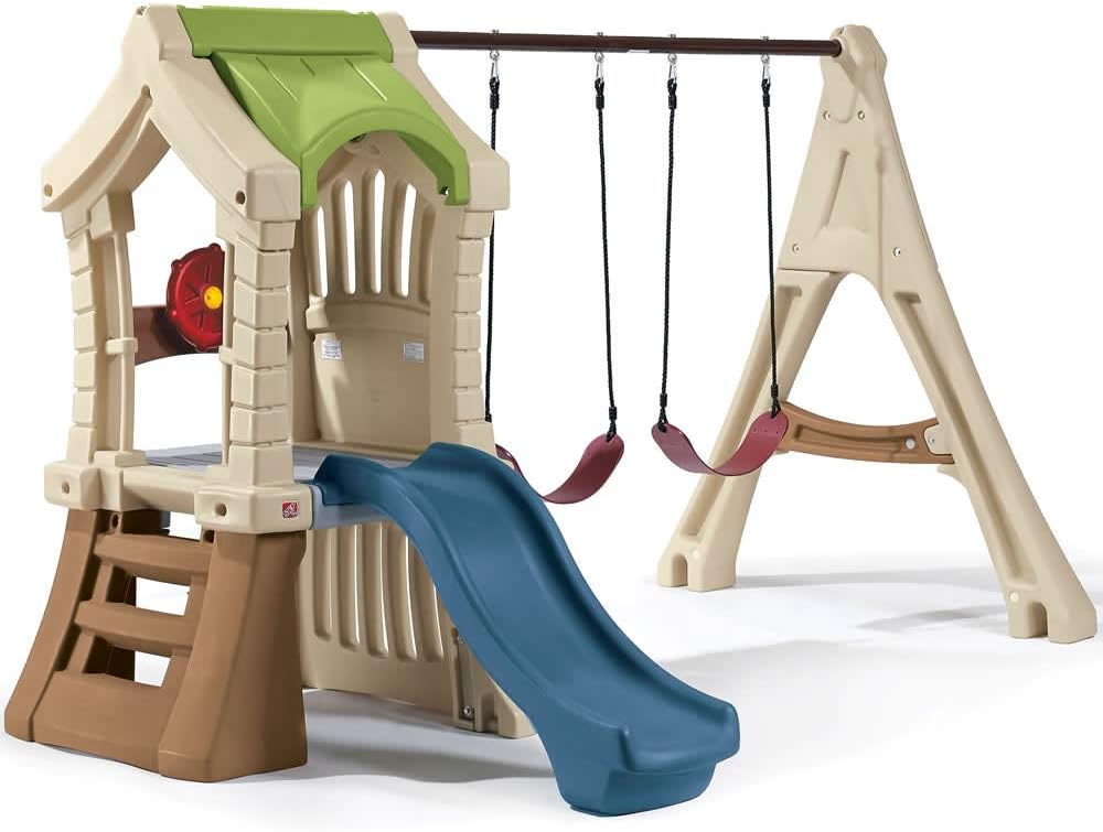 Step2 Play Up Gym Set for Kids, Outdoor Swing Set, Backyard Slide, Swings, Playhouse, &amp; Crawl Space, Two Tier, Easy Set Up, Toddlers Ages 3-6 Years Old