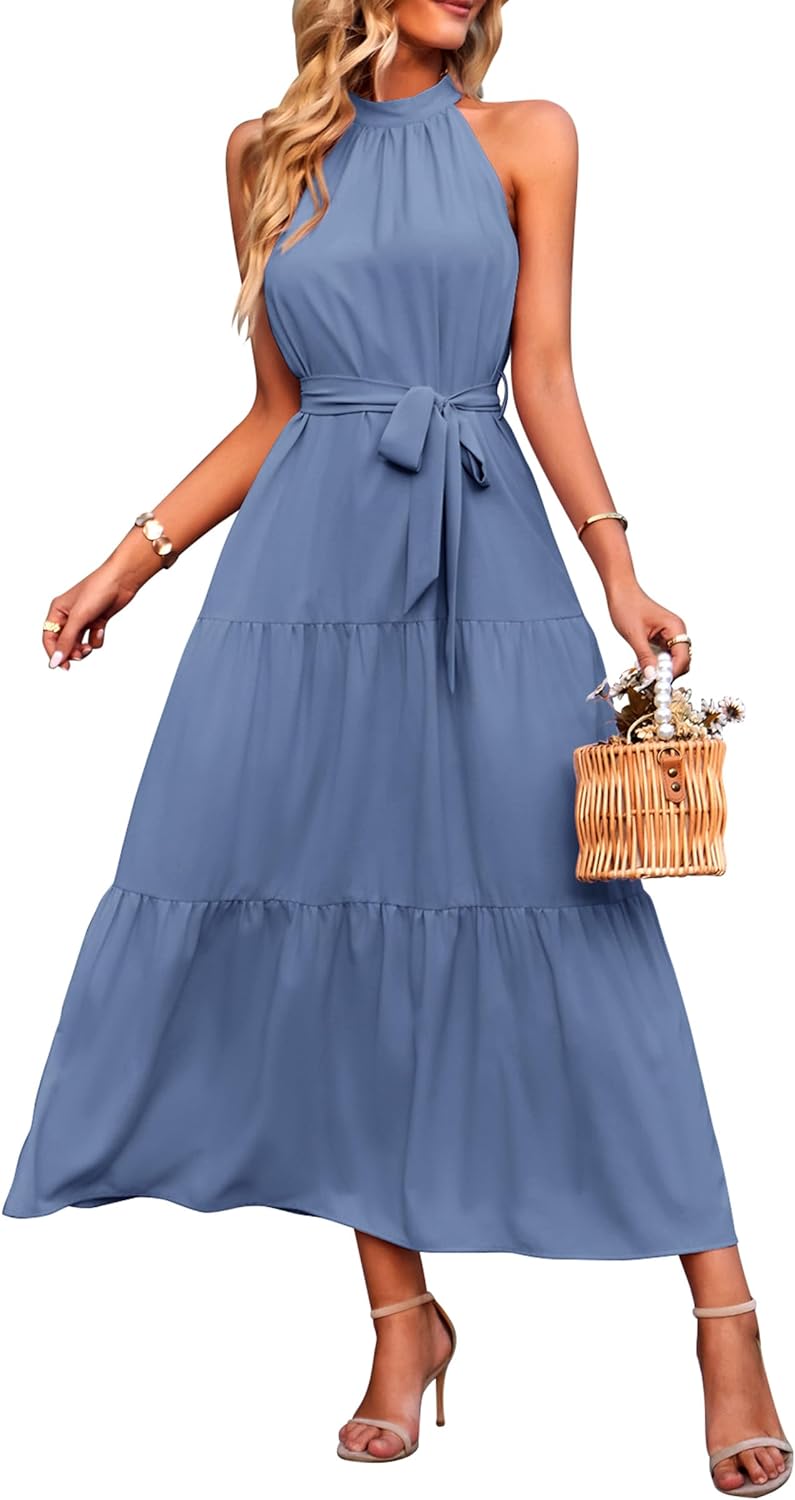 PRETTYGARDEN Womens Floral Summer Sleeveless Halter Neck Flowy Ruffle Hem Long Boho Dresses With Belt