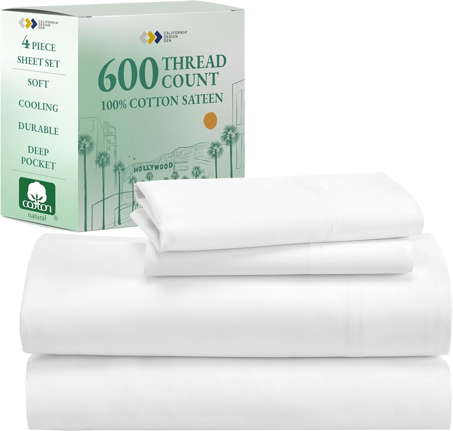 California Design Den Queen Size Sheet Set, 600 Thread Count 100% Cotton Sheets, Luxury Extra Deep Pocket Queen Sheets Cotton Sateen, 4-Pc Hotel-Quality Queen Sheet Set - White Sheets