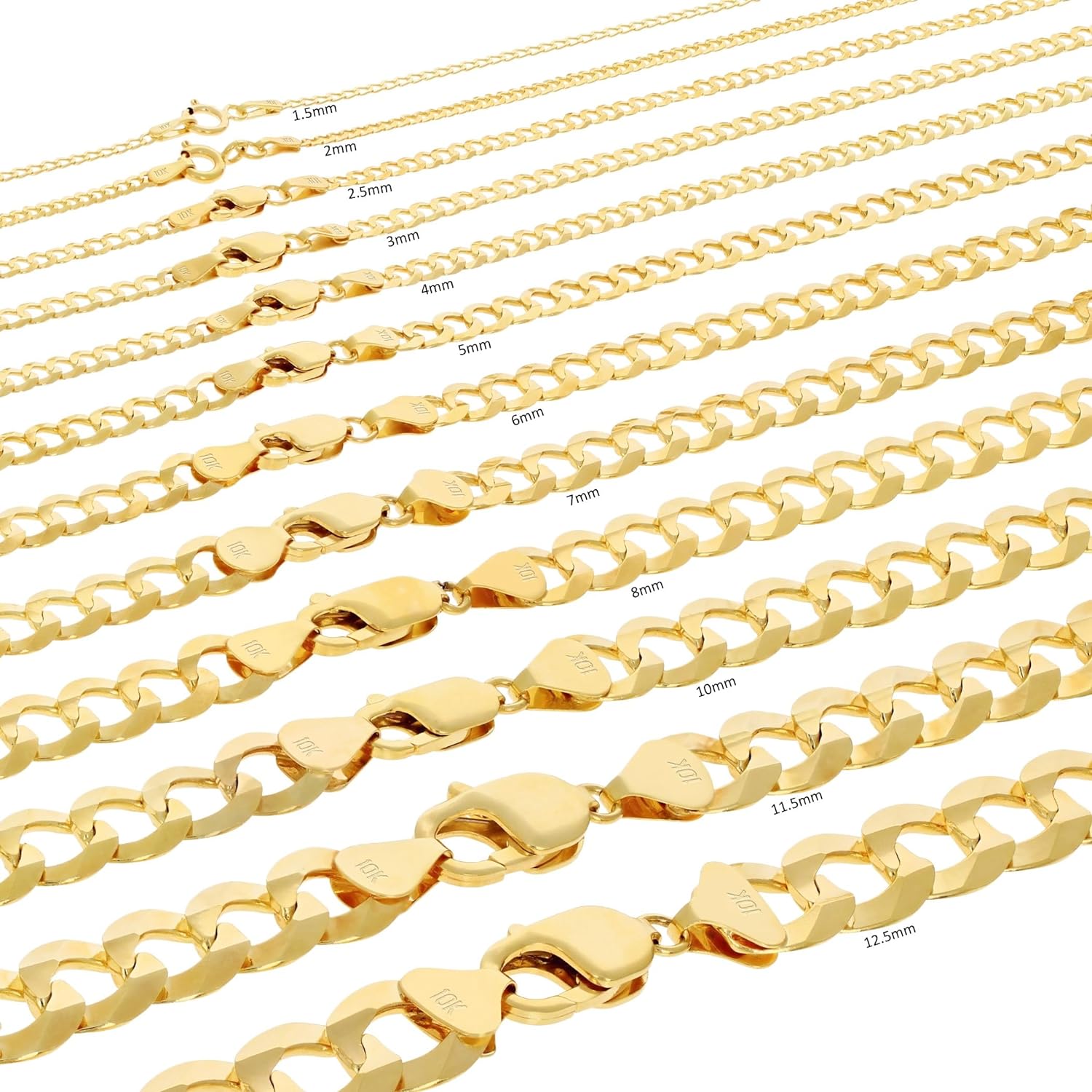 Nuragold 10K Yellow Gold Solid Curb Cuban Chain Necklace/Lengths 16"- 30" / Widths 1.5mm - 12mm / Italian Made Jewelry for Men and Women