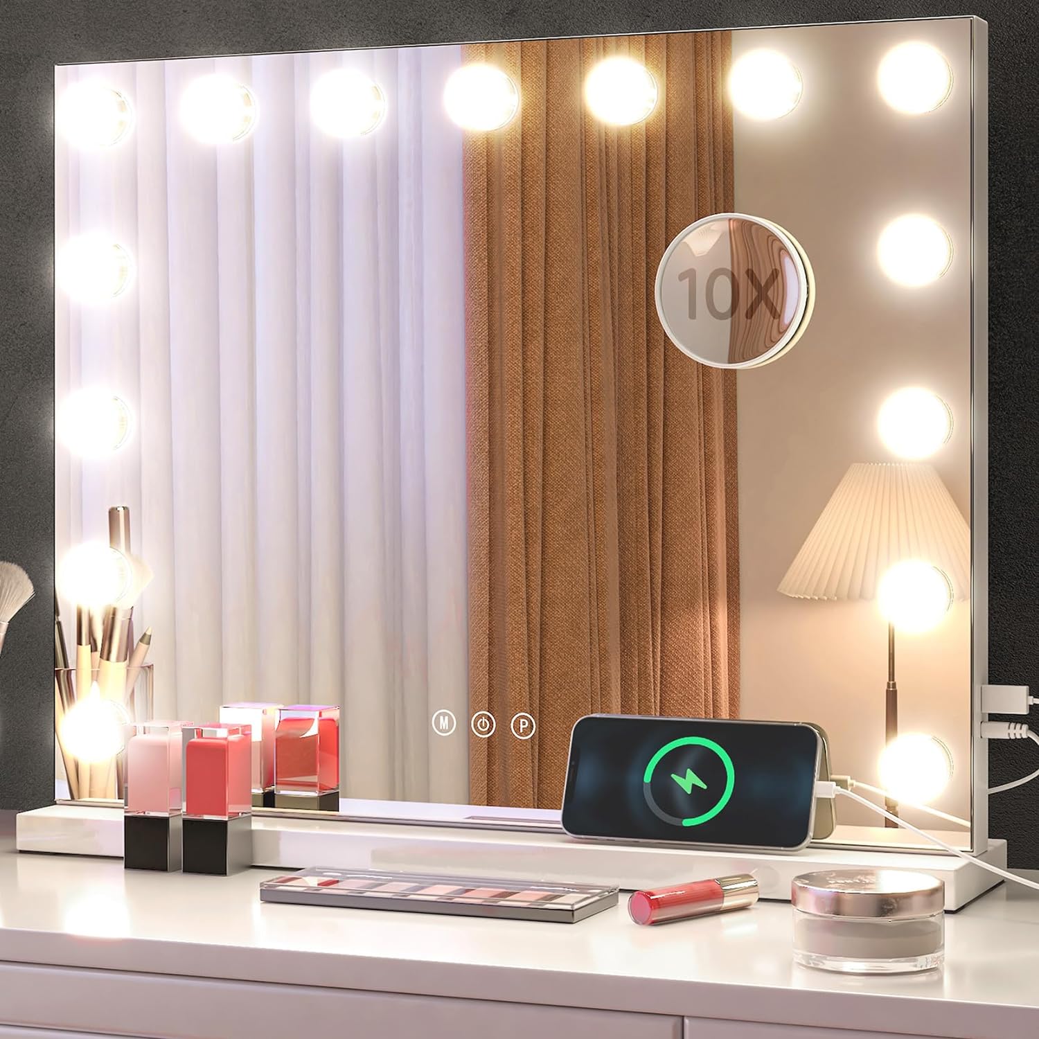 Vanity Mirror with Lights, Vanity Mirror Hollywood Lighted Mirror Makeup Mirror with Lights,15 LED Bulbs,3 Colors Modes,Touch Control,USB Charging Port,10X Mirror,for Tabletop or Wall-Mounted