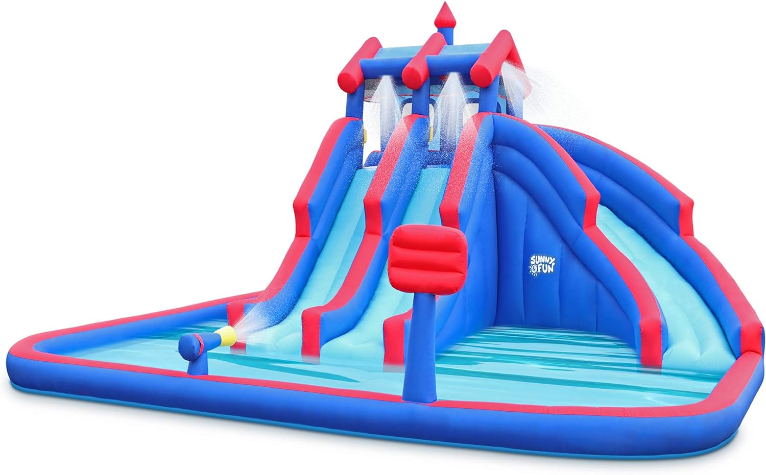 Sunny &amp; Fun Mega Sport Inflatable Water Triple Slide Park – Heavy-Duty for Outdoor Fun - Climbing Wall, 3 Slides &amp; Splash Pool – Easy to Set Up &amp; Inflate with Included Air Pump &amp; Carry