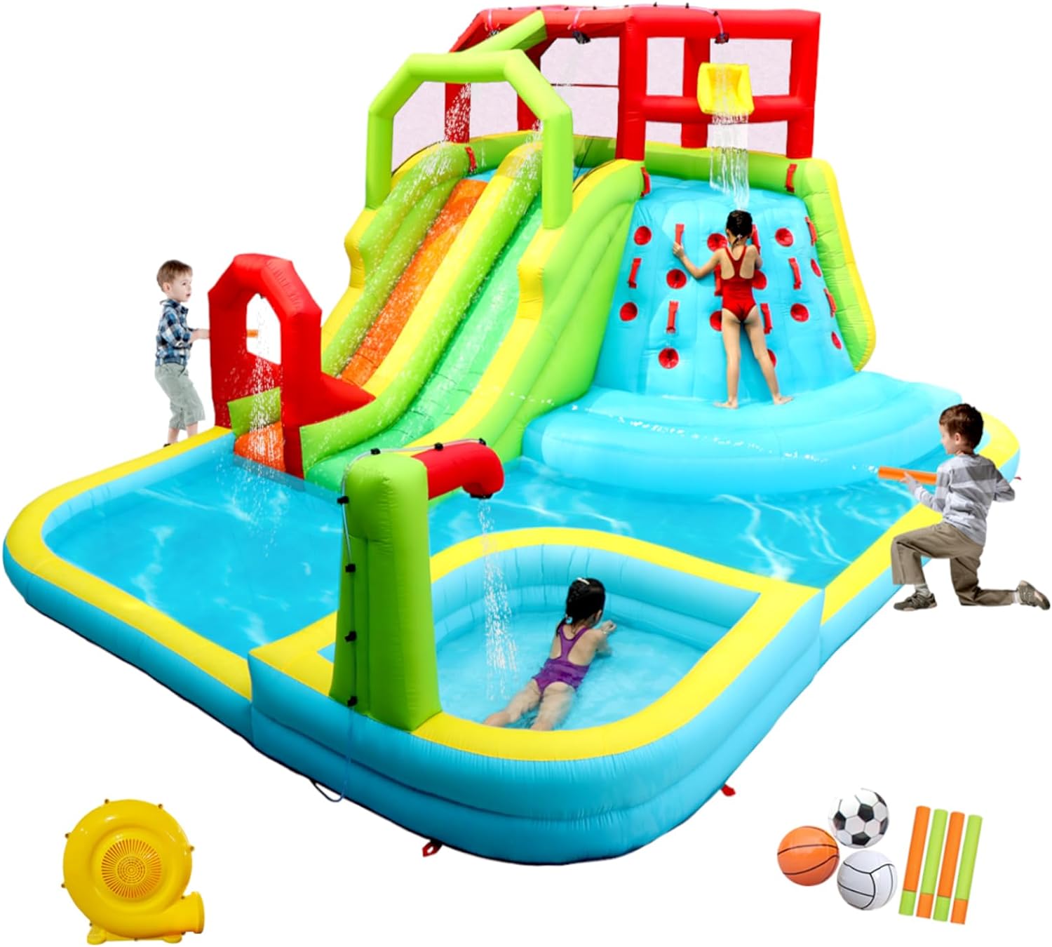 Inflatable Water Slide Park with Splash Pool Climb The Wall, 3 Inflatable Sport Balls and 4 Water Guns, Water Slide with Air Blower