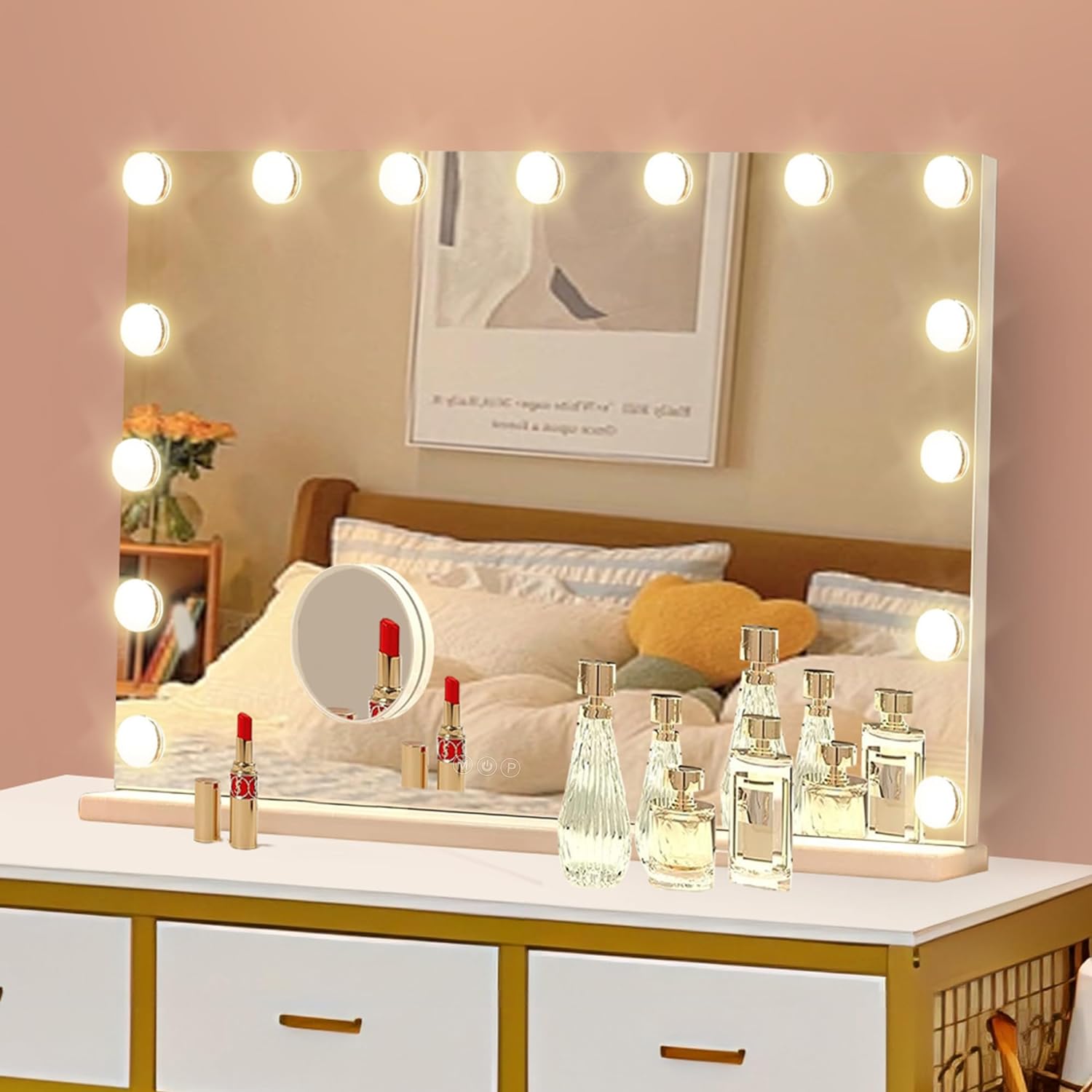 Hollywood Vanity Mirror with Lights, 15 Bulbs，3 Color Lights，Make Up Lighted Mirror, Aluminum Metal Frame,USB Charging Port（23" x 18"）