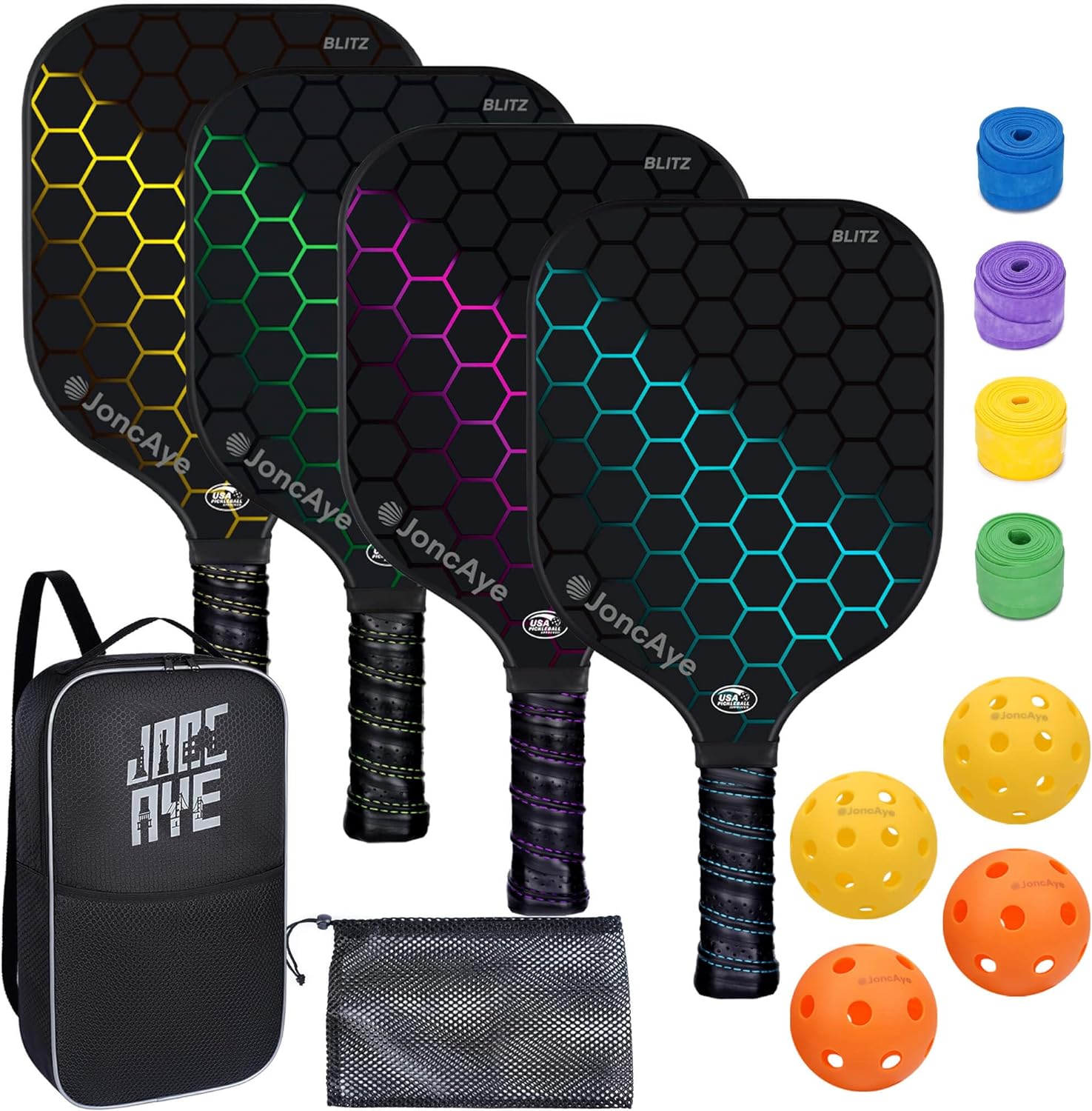 JoncAye Pickleball-Paddles-Set of 4 or 2 Rackets with Balls and Bag | USAPA Approved Pickle-Ball Equipment with Accessories | Fiberglass/Graphite Pickleball Racquet Set for Men, Women, Kids, Adults