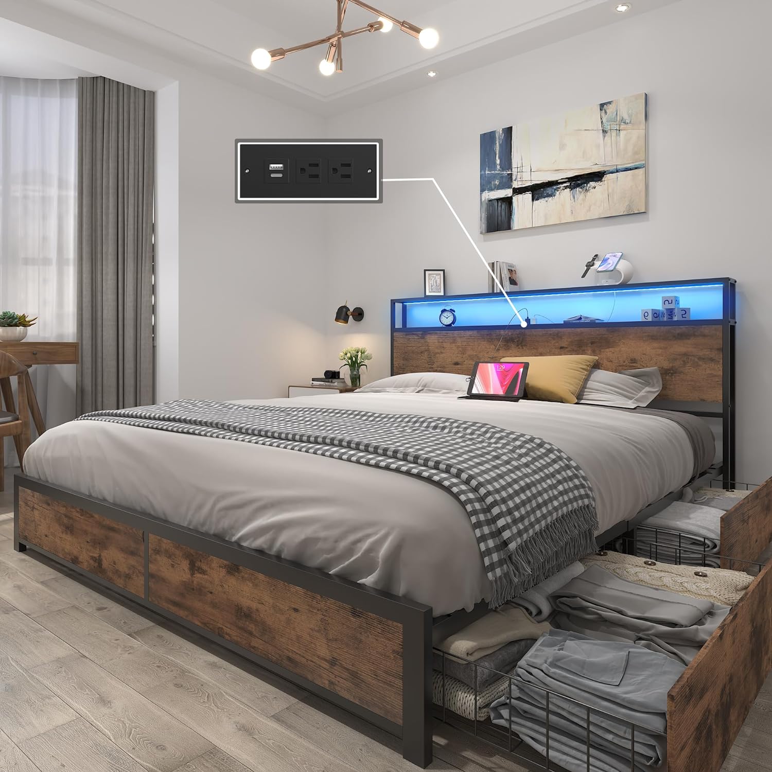 Queen Bed Frame with 2-Tier Storage Headboard, Metal Platform Bed Frame with 4 Storage Drawers, Built in Charging Station &amp; LED, Noise-Free/Metal Support/No Box Spring Needed, Vintage Brown
