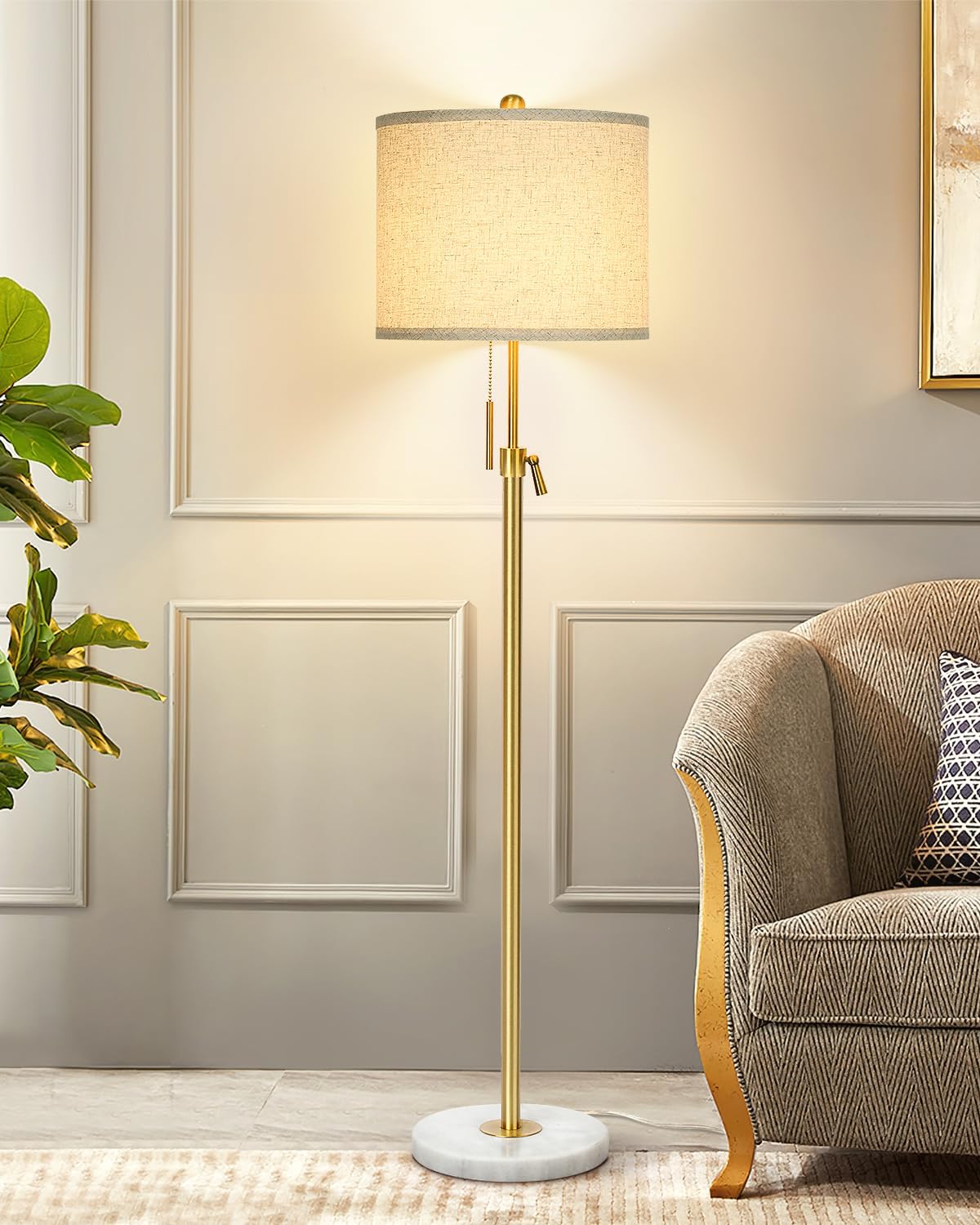 Modern Floor Lamp for Living Room, Adjustable Height Standing Lamp with Marble Base, Gold Tall Pole Light with Linen Shade for Reading Bedroom, Chain Switch, 8W 3-Way Dimmable Bulb Included