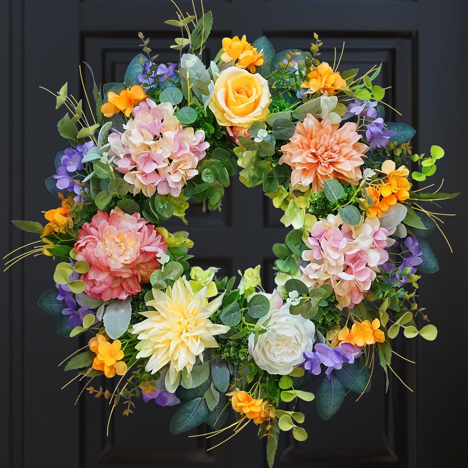 Spring Wreaths for Front Door, Soomeir Hydrangea Summer Wreath, All Seasons Year Round Flower Wreath, Holiday Decor Decorations for Home Outdoor Indoors (Hydrangea)