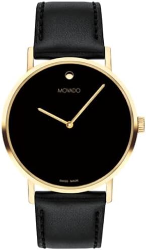 Movado Men's Signature Yellow Gold Watch with Concave Dot Museum Dial, Gold/Black Strap (Model 0607591)