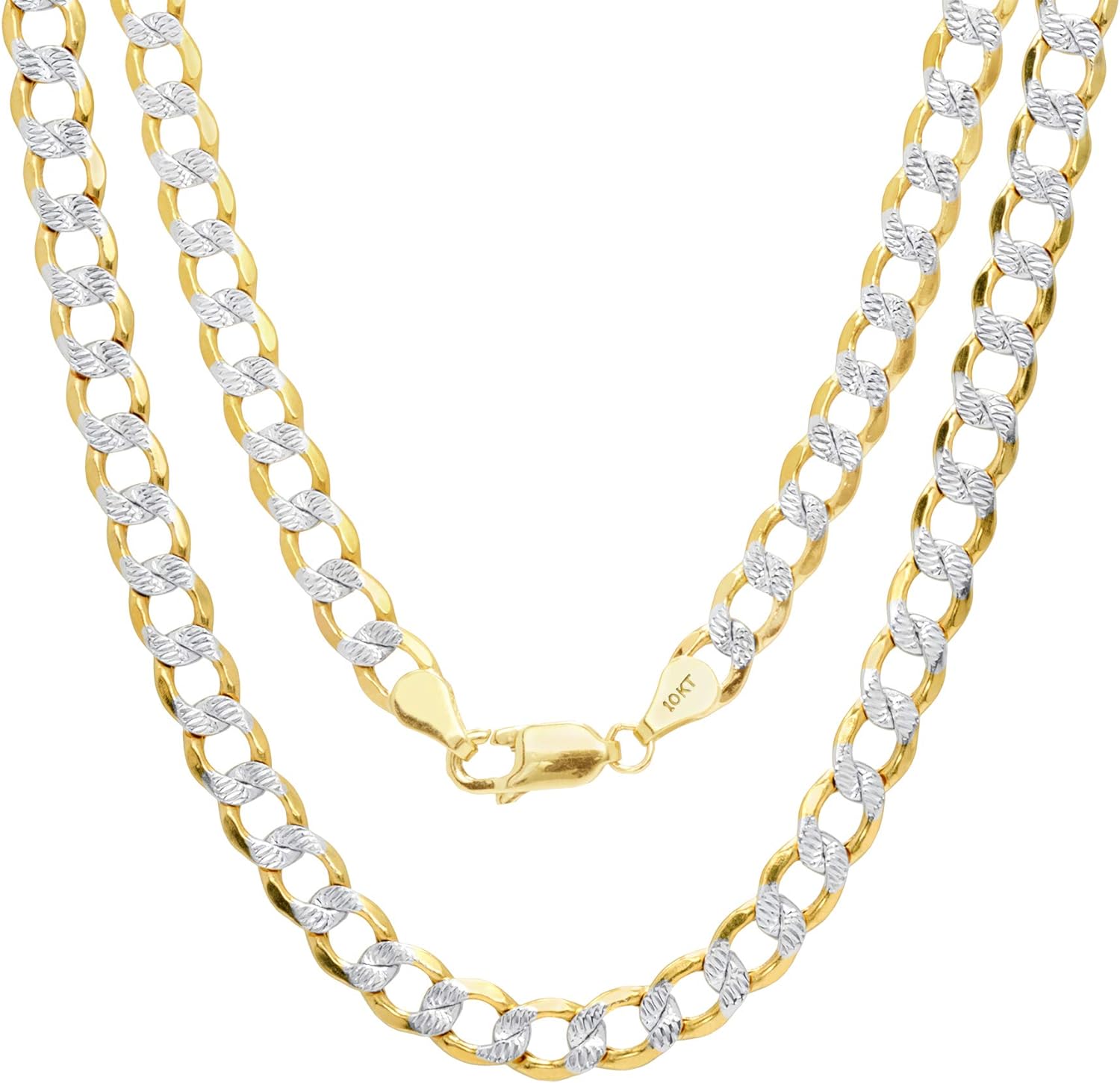 Nuragold 10k Yellow Gold 5.5mm Cuban Chain Curb Link Diamond Cut Pave Two Tone Pendant Necklace, Mens Womens Jewelry 16" 18" 20" 22" 24" 26" 28" 30"