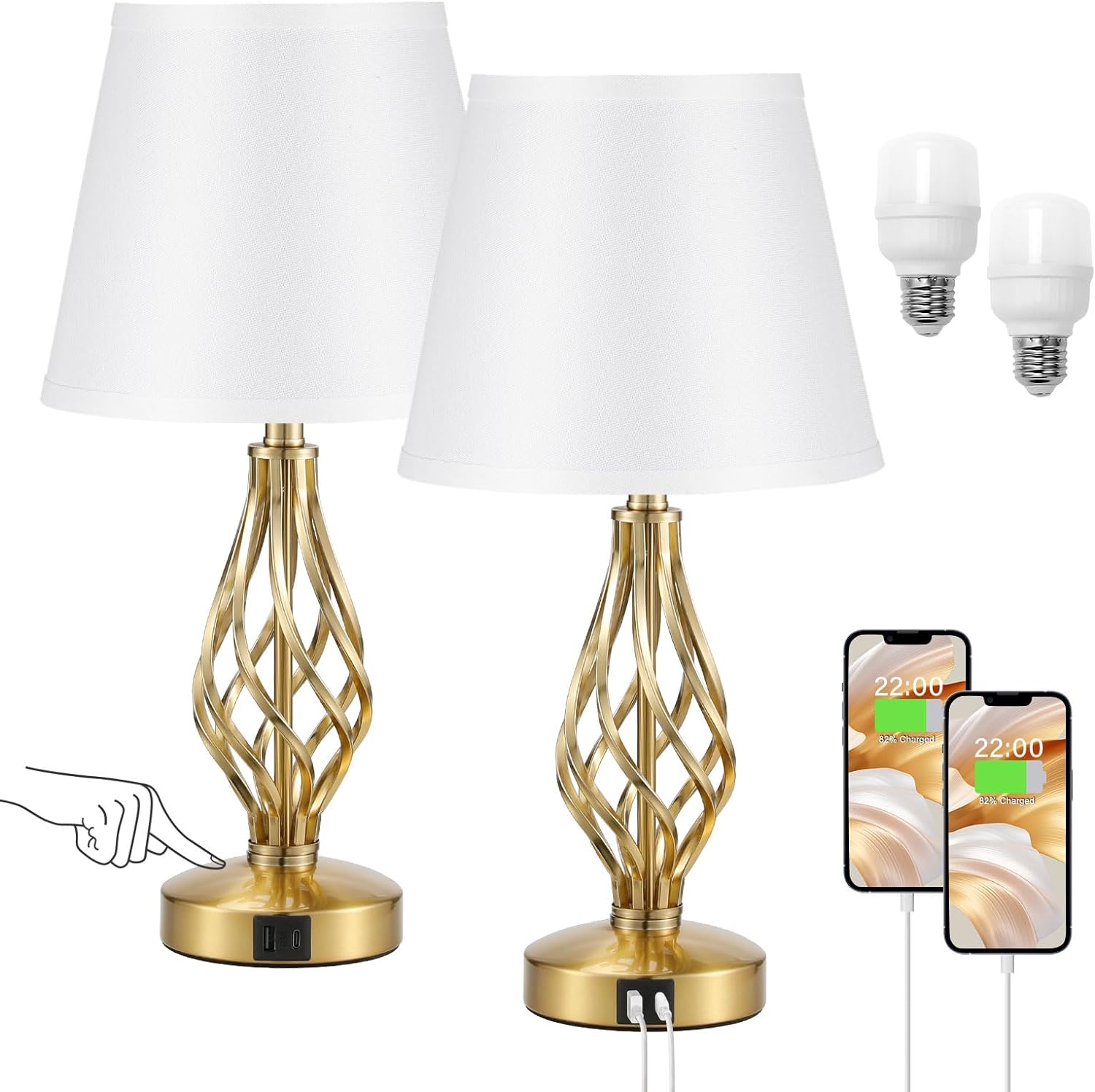 Kakanuo Table Lamp, Industrial LAMP with USB Ports, Gold Metal Base, 3 Way Dimmable, White Shade, Set of 2, for Bedrooms, Nightstand, Reading
