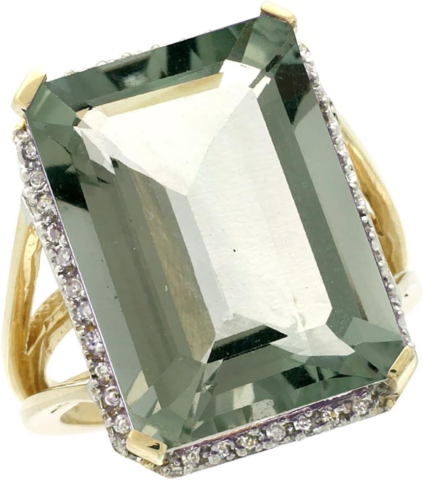14K Yellow Gold Natural Diamond Green Amethyst Ring Emerald-cut 18x13mm, sizes 5-10