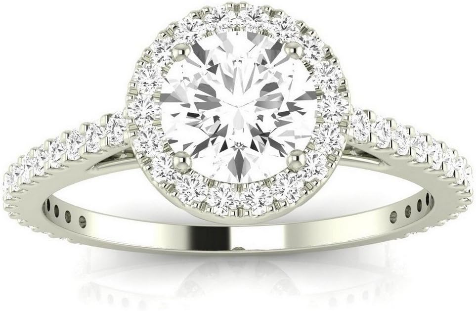 14K White Gold 2.5 Carat LAB GROWN DIAMOND Classic Halo Style Pave Set Round Shape Round Cut Diamond Engagement Ring (D-E Color VS1-VS2 Clarity 2 Ct Center)