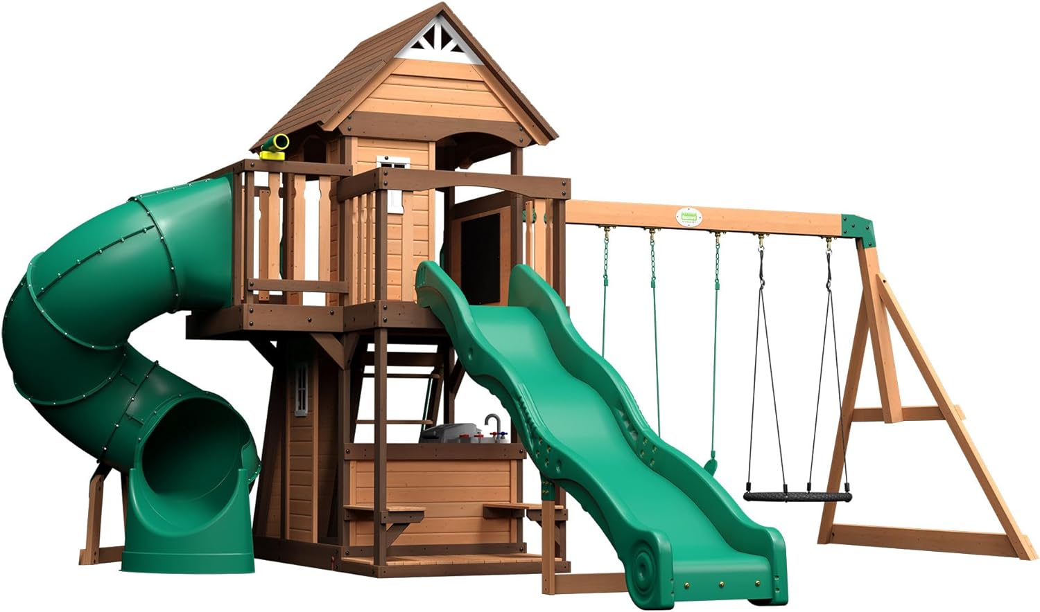 Backyard Discovery, Cedar Cove Wood Swing Set, Playground Fort, Chalkboard, Telescope, Dual Slide, Kitchenette, Wide Swing Lanes, 5ft Rock Wall, Step Ladder