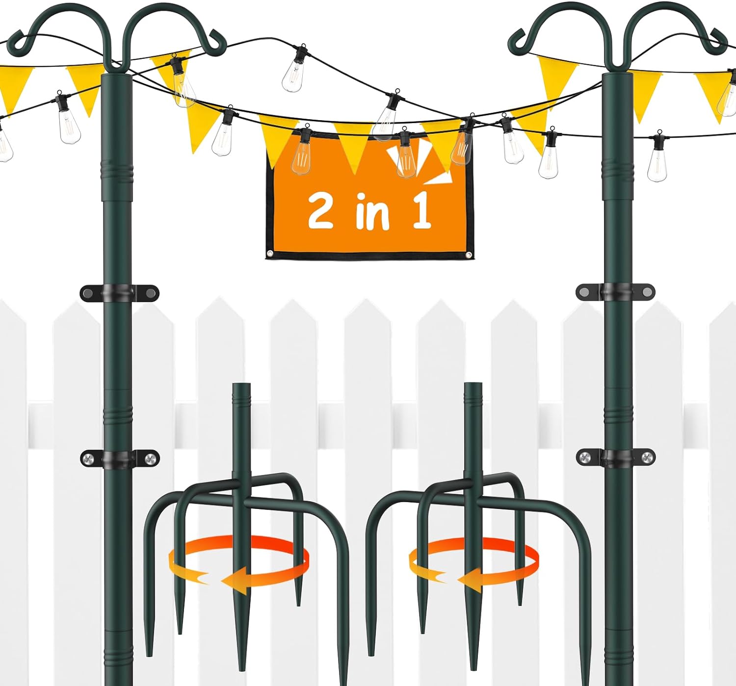 Keten String Light Poles 2 Pack, 10ft Adjustable Metal Poles with 5 Prongs &amp; Fixing Clips for Outdoor String Lights, Light Poles Stand for Patio, Backyard, Deck, Garden, Wedding, Party, Birthday
