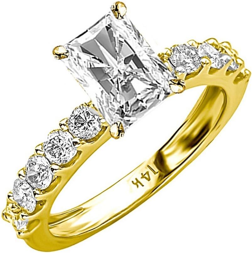 14K White Gold 4 Carat LAB GROWN DIAMOND Classic Side Stone Prong Set Radiant Cut Diamond Engagement Ring (G-H Color VS1-VS2 Clarity 3 Ct Center)
