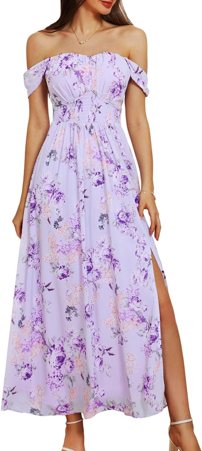GRACE KARIN 2024 Women's Summer Floral Print Flowy A Line Dresses Sleeveless Smocked Off Shoulder Maxi Dress