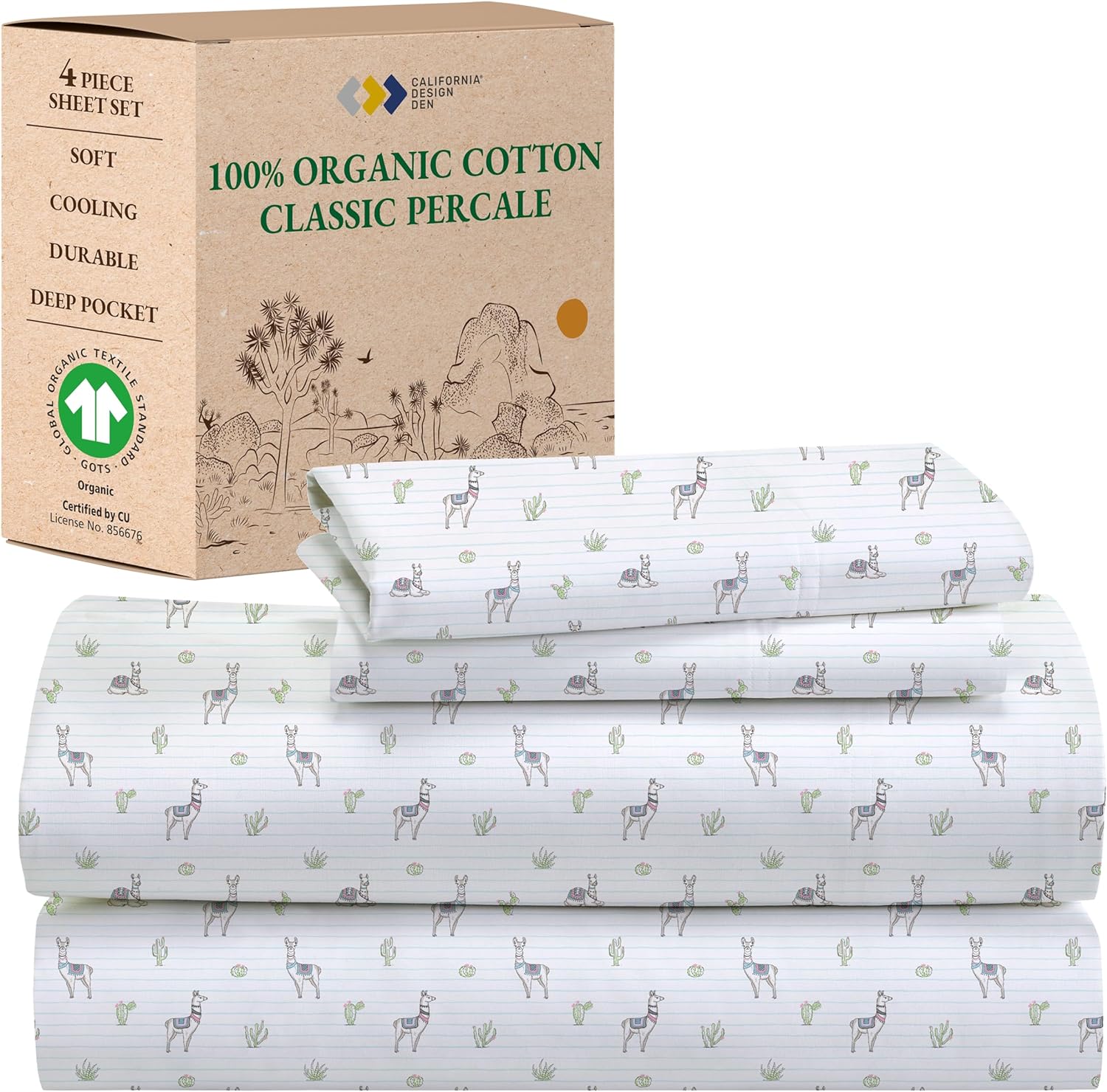 California Design Den Printed Queen Size Bed Sheet Set, 100% Organic Cotton Percale Sheets, 4 Pc Deep Pocket Queen Sheets &amp; Pillowcase Set - Llama