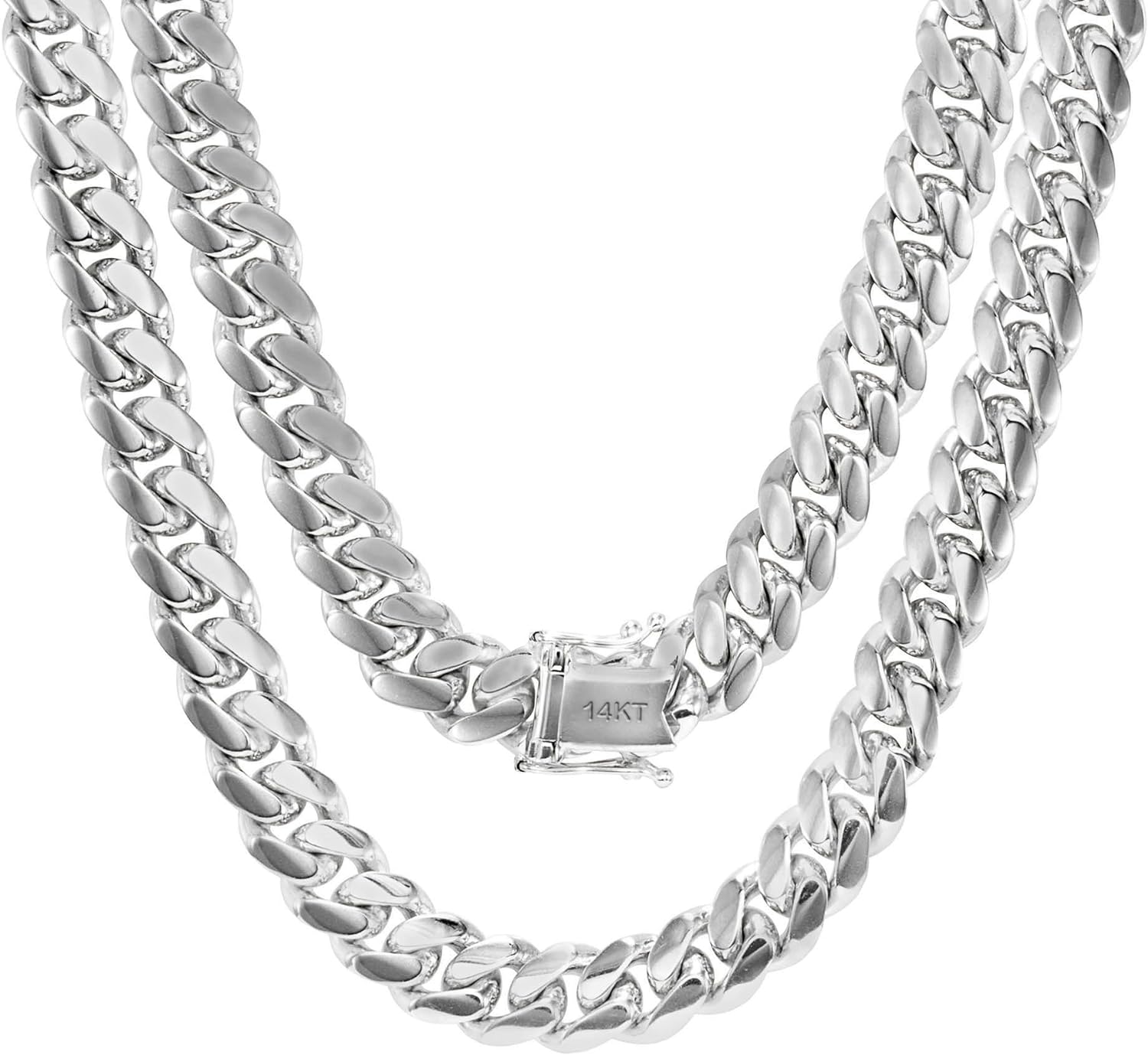 Nuragold 14k White Gold 7mm Solid Miami Cuban Link Chain Necklace, Mens Jewelry Box Clasp 18" 20" 22" 24" 26" 28" 30"