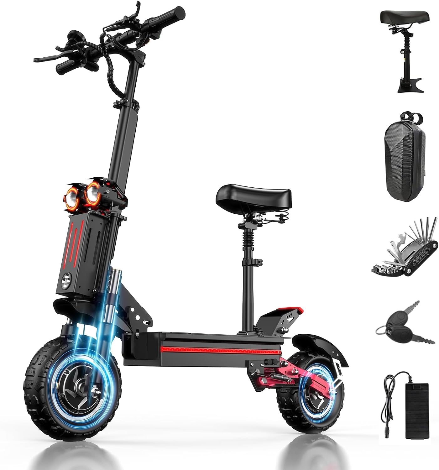Electric Scooter for Adults Peak 5600W Dual Motor Up to 50MPH,Battery Range to 45Miles Fast Sports Escooter 11" Off Road Tires 800lbs Max Load Folding Scooter for Teens with Detachable Seat