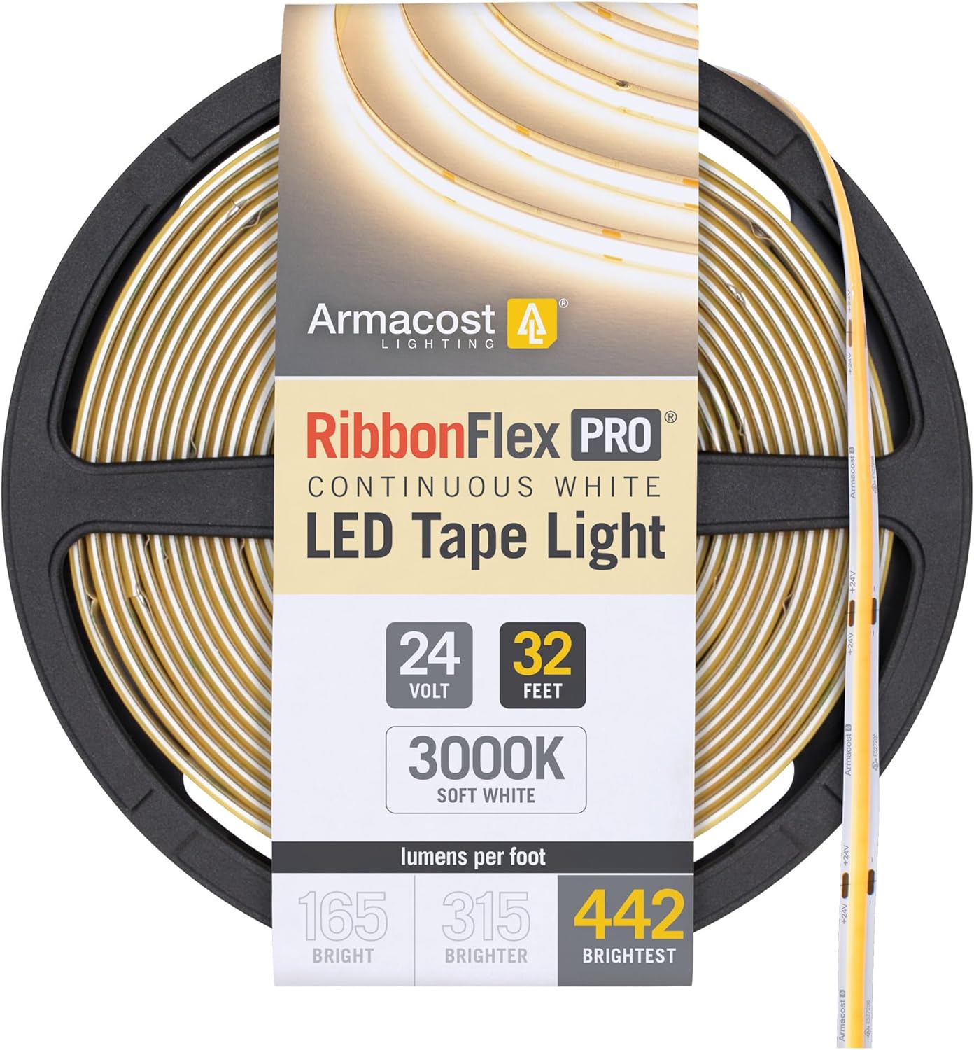 Armacost Lighting RibbonFlex Pro 24V White COB LED Strip Light Tape 3000K, 442 Lumens/Ft, 10M 173250