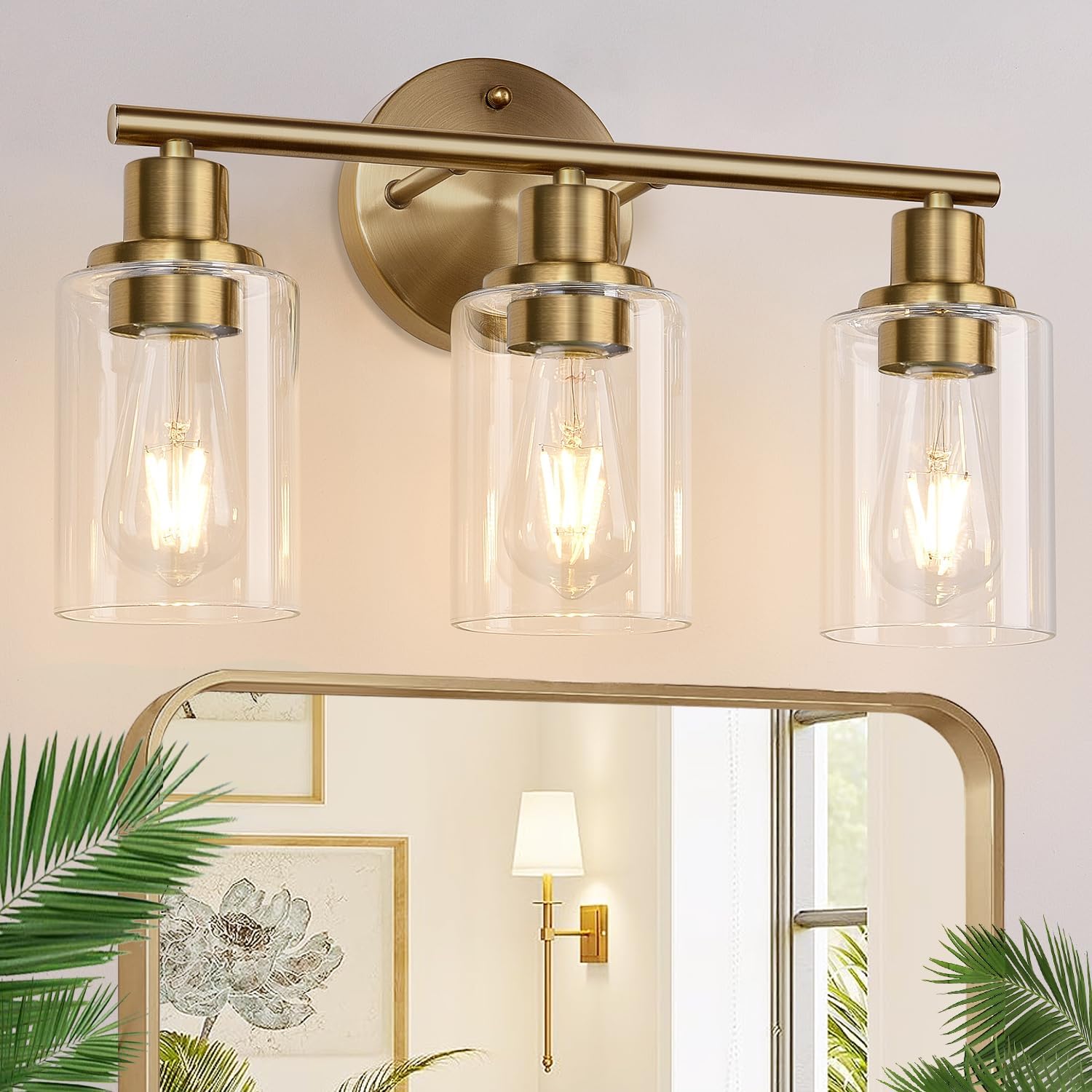 3-Light Bathroom Light Fixtures, Brushed Brass Bathroom Wall Lights, Modern Bathroom Vanity Light with Clear Glass Shade, Bathroom Wall Lamp for Mirror Kitchen Living Room Hallway Cabinet