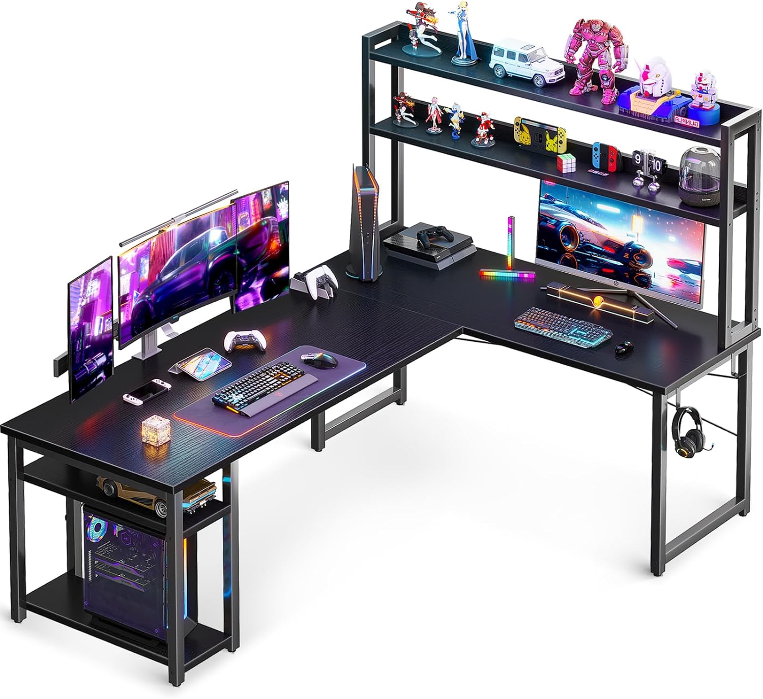 ODK L Shaped Gaming Desk with Hutch, Computer Desk with Storage Shelves, 66" L Shaped Desk for Home Office, Corner Desk with Headphone Hook, Black