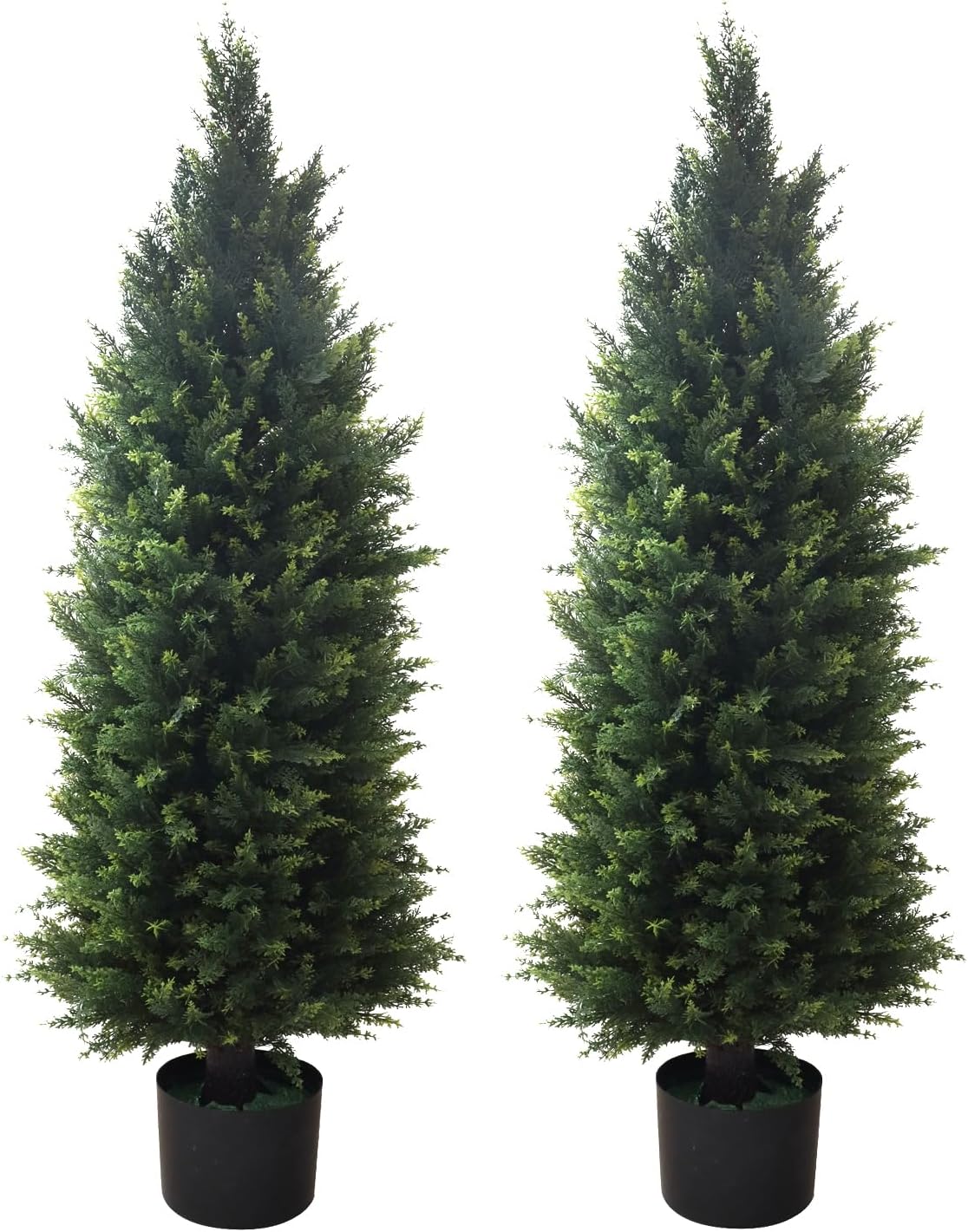 Artificial Topiary Tree 2-Set - Beautiful Realistic Faux Cedar Pines, 4 Feet Tall, UV Protection for Longer Life, 6" Wide Heavy Duty Pots for Outdoor &amp; Indoor Decor
