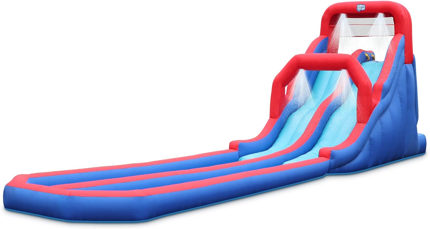 Sunny &amp; Fun Dual Splash Inflatable Water Racing Slide Park – Heavy-Duty for Outdoor Fun - Climbing Wall, Two Slides &amp; Splash Pool – Easy to Set Up &amp; Inflate with Included Air Pump &amp; Ca