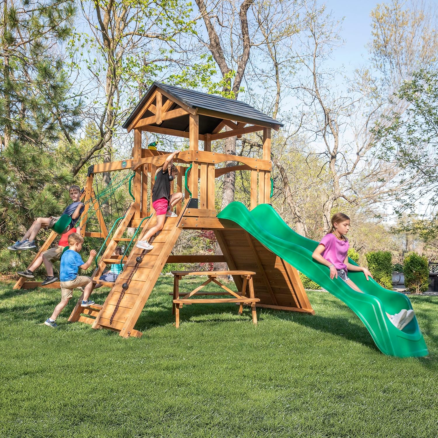Backyard Discovery Endeavor II All Cedar Wood Swing Set Playset for Backyard with Wave Slide Climbing Wall with Rope Picnic Table Double Wide Rock Wall 2 Belt Swings and 1 Web Swing Gift for Ages 3-10
