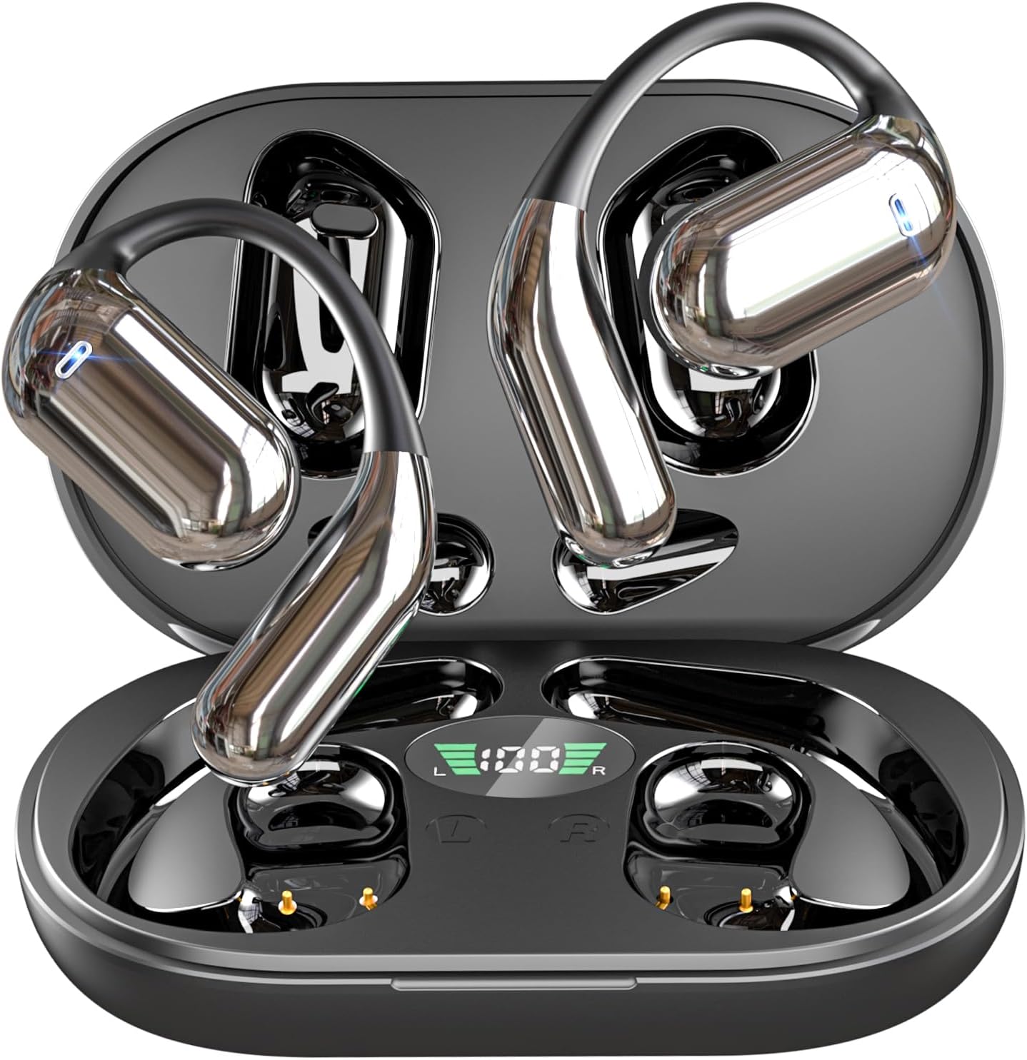 EUQQ Open Ear Bluetooth 5.4 Headphones, Wireless Earbuds Sport Over Earphones Built-in Mic with Ear Hooks 50H Playtime Ear Buds LED Display Charging Case, Waterproof Design for Running Fitness, Black