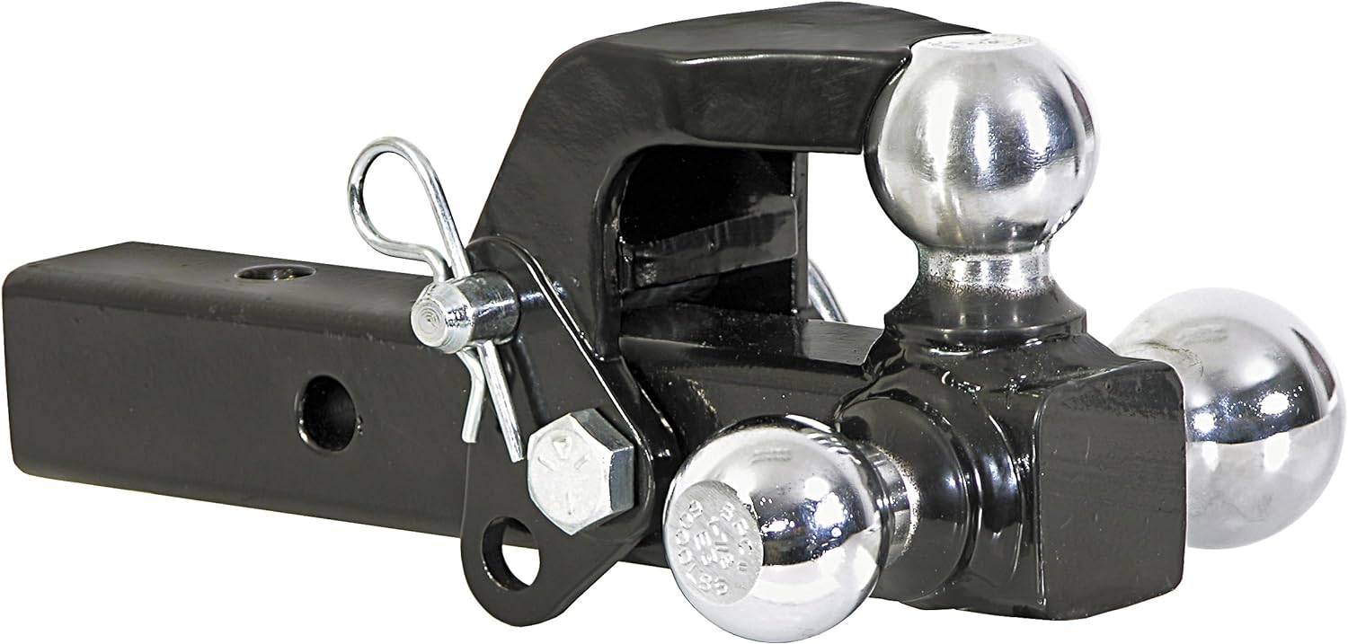 Buyers Products 1802279 Tri-Ball Truck Hitch With Hook, Solid Shank for 2 Inch Receiver Tubes, Chrome Welded Steel Towing Balls, Black Powdercoated, Towing Accessories For Trucks And Trailers