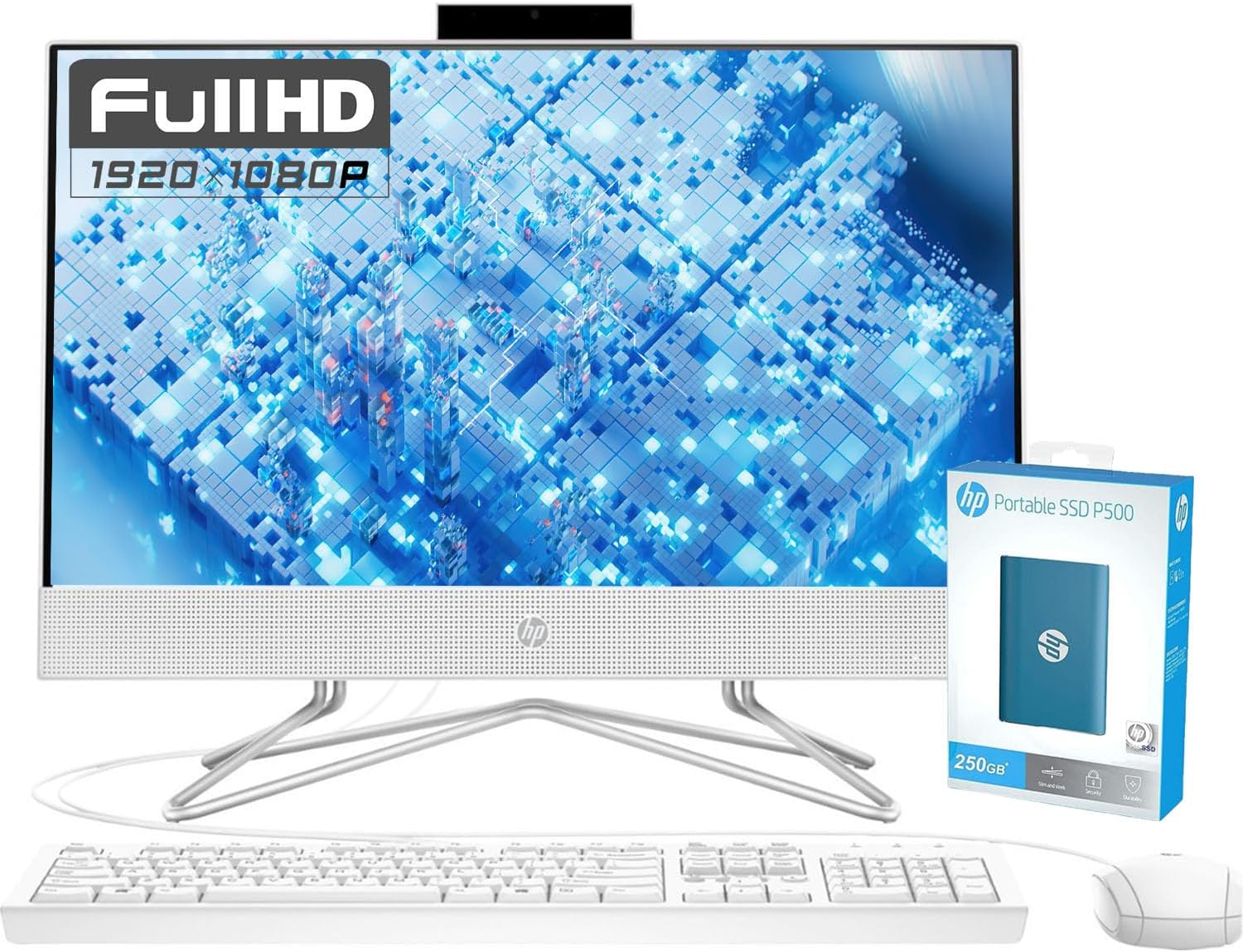 HP All-in-One Desktop Computer, 21.5" 1080P FHD Display, 32GB RAM, 1TB SSD, Intel Duel Core Celeron Processor, Webcam, WiFi, HDMI, Wired Keyboard&amp;Mouse, P500 Portable SSD, Windows 11