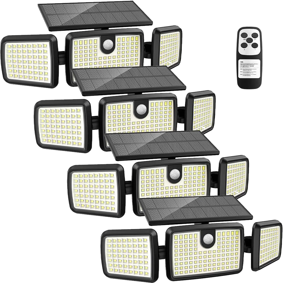 Solar Lights Outdoor, 3 Head Solar Motion Lights Outdoor with 2500LM 232 LEDs High Brightness, Built-in Bigger Tempered Glass Solar Panel, Sensitive PIR Motion Inductor(4-Pack)
