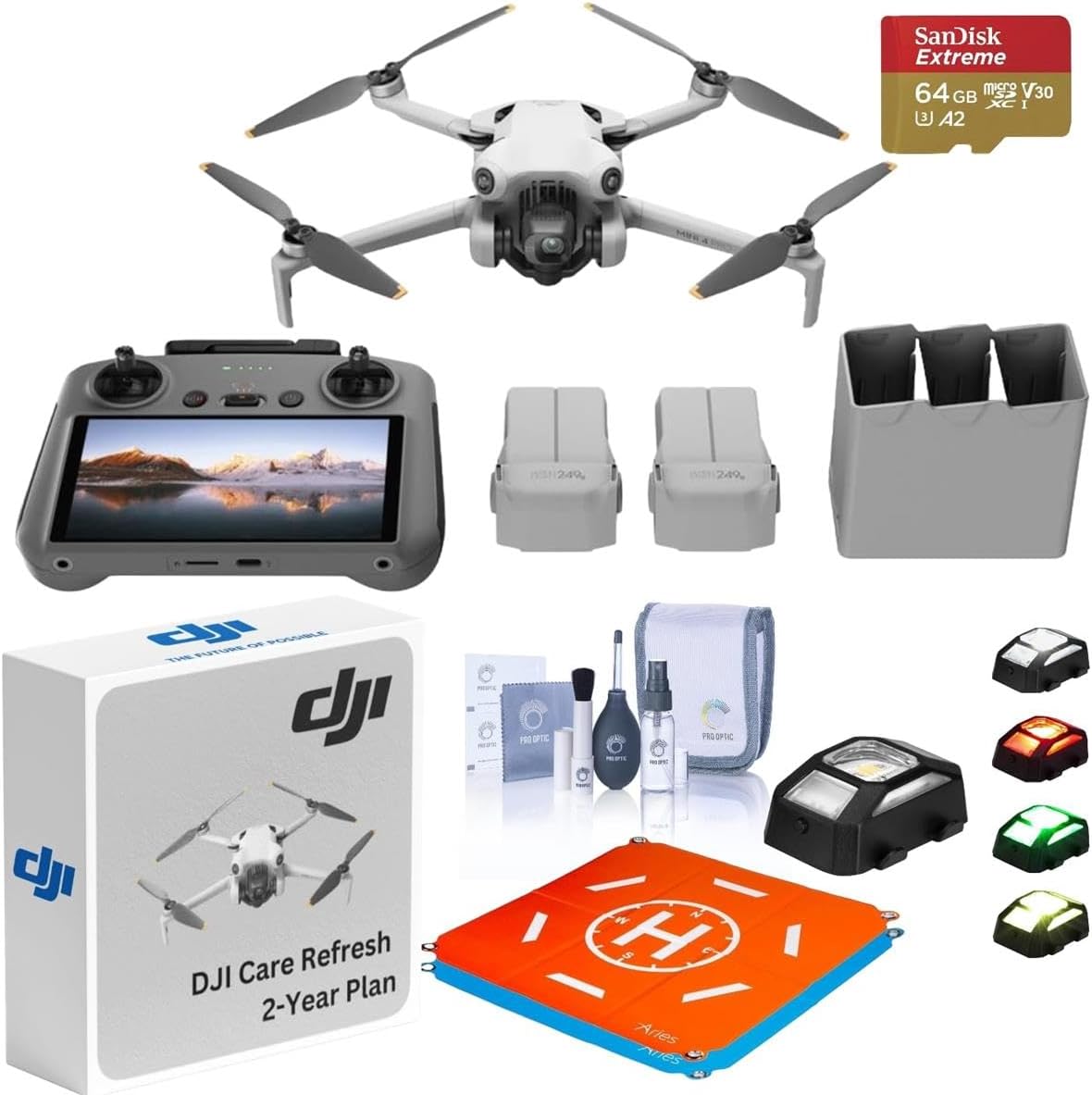 NEW DJI Mini 4 Pro Drone Fly More Combo, Bundle with DJI Mini 4 Pro Care Refresh 2-Year Plan for Aerial Photography Enthusiasts With 20" Foldable Landing Pad and Strobe Lights, Care and Cleaning Kit