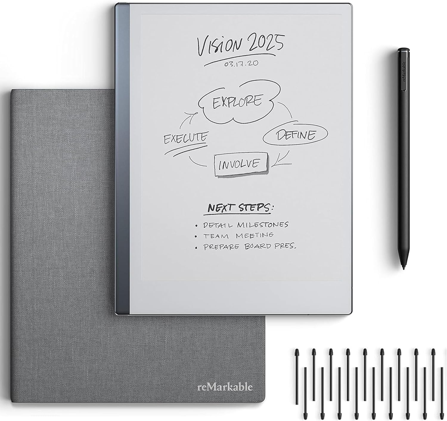 reMarkable 2 Bundle - reMarkable 2 Tablet (10.3” Digital Paper Display) – Includes Gray Polymer Weave Book Folio, Marker Plus, 18 Spare Marker Tips, USB-A to USB-C Cable, 1-Year Free Connect Trial