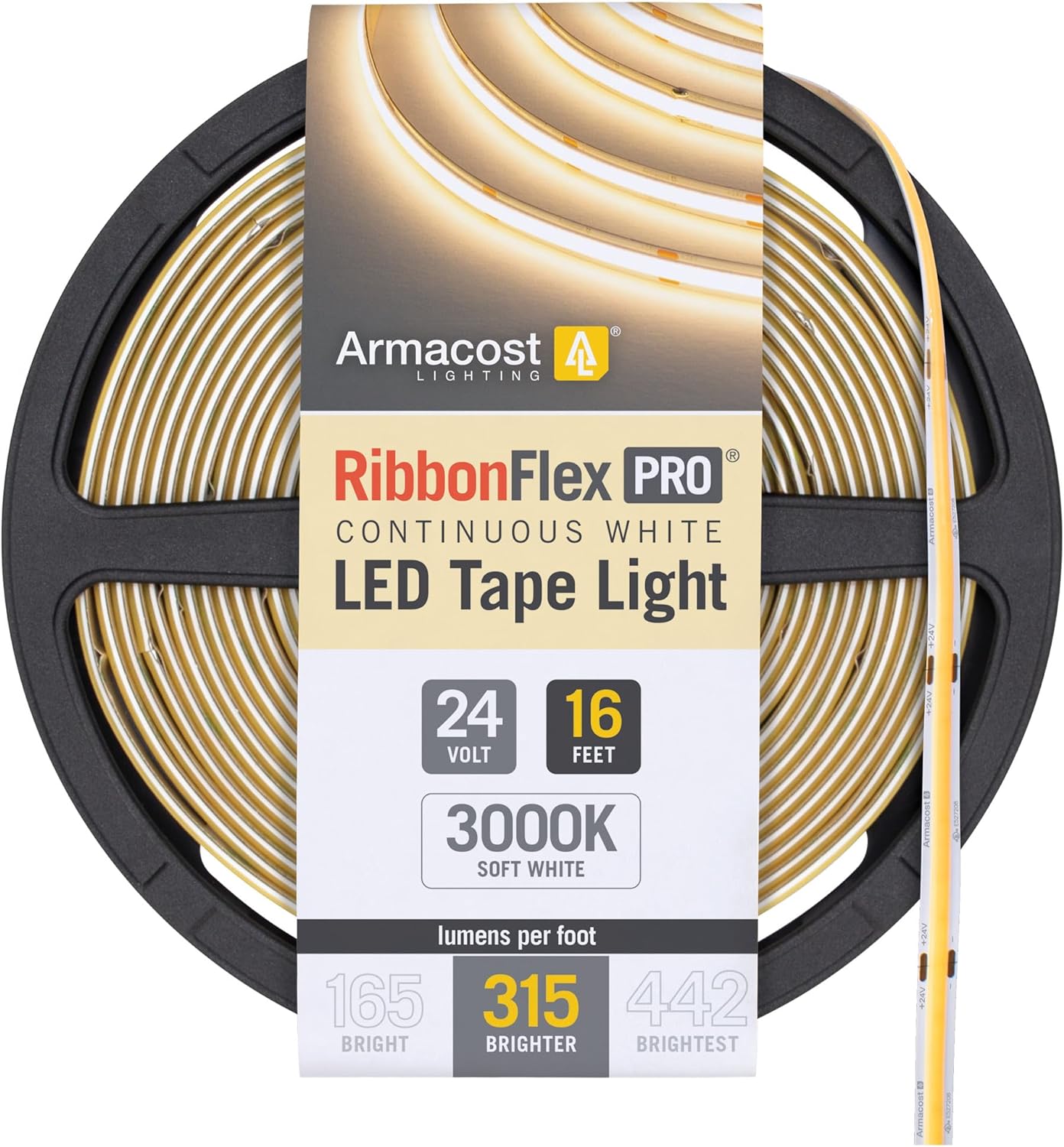 Armacost Lighting RibbonFlex Pro 24V White COB LED Strip Light Tape 3000K, 315 Lumens/Ft, 5M 172230