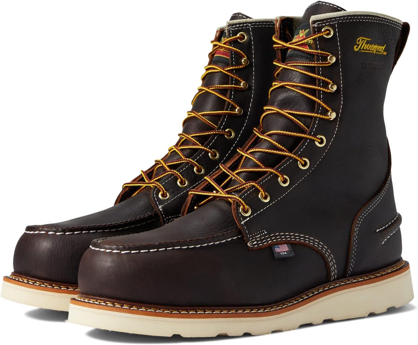 Thorogood 1957 Series 8” Waterproof Steel Toe Work Boots for Men - Full-Grain Leather with Moc Toe, Slip-Resistant Wedge Outsole, and Shock-Absorbing Insole; EH Rated
