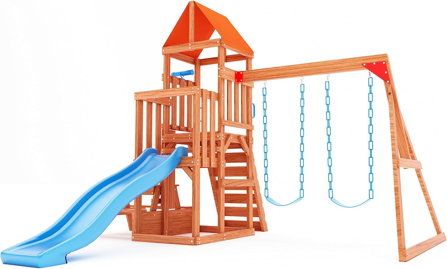 Dolphin Playground Cedar Wooden Swing Sets for Backyard, Playground Sets for Backyards with 2 in 1 Outdoor Table, Wave Slide, Climbing Wall, and 2 Belt Swings, Heavy Duty Swing Sets, Outdoor Playset