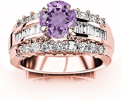 2.6 Carat t.w 14K White Gold Channel Set Baguette and Round Diamond Engagement Ring w/a 1.5 Carat Round Cut Purple Amethyst Heirloom Quality