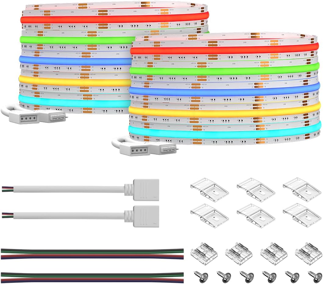 BTF-LIGHTING FCOB COB RGB Flexible High Density Uniform Light LED Strip 810LED/m 16.4FTx2 Total 32.8FT DC12V 10mm Width Color Changing LED Ribbon for Home Indoor Decoration(No Adapter or Controller)