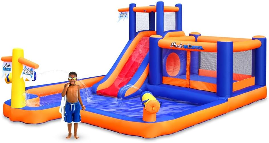 Blast Zone Pirate Blaster - Inflatable Water Slide with Blower - Large - Slide - Climbing Wall - Bounce House - Tunnel