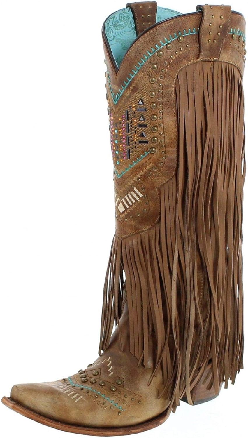 CORRAL Women's Aztec and Fringe Cowgirl Boot Snip Toe Tan 9 M US
